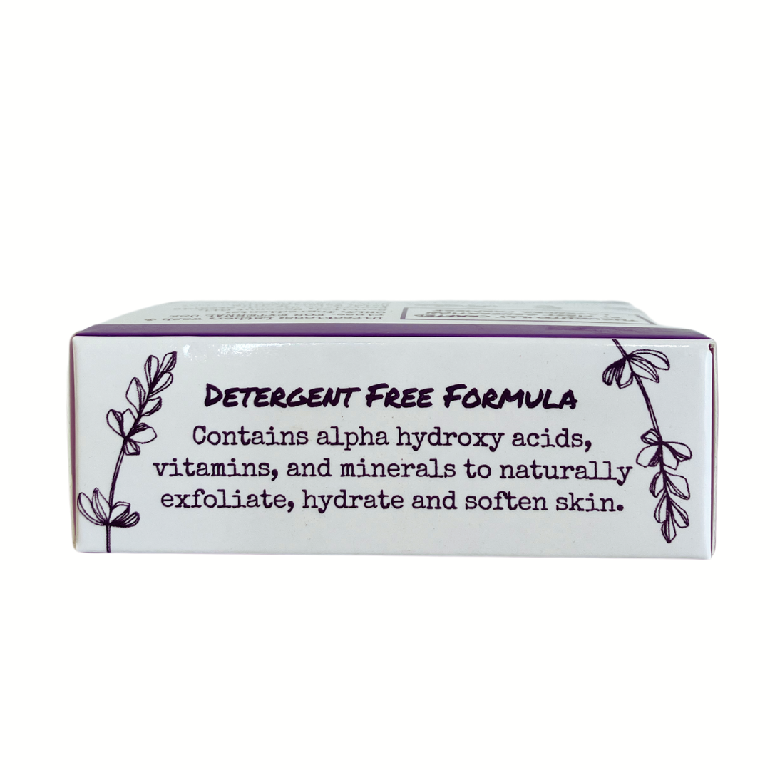 Lavender goat milk bar soap by FARMERS Lavender Co., showing a creamy soap with lavender accents and natural packaging.