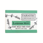 Lavender Mint Goat Milk Bar Soap by FARMERS Lavender Co. featuring a white soap bar with lavender and mint scent, wrapped in paper.
