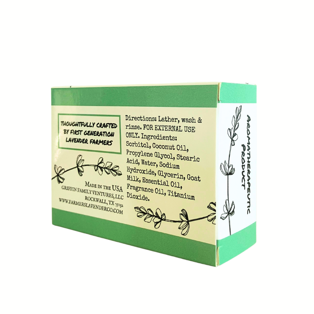 Lavender Mint Goat Milk Bar Soap by FARMERS Lavender Co. showing a white soap bar with lavender and mint accents on packaging