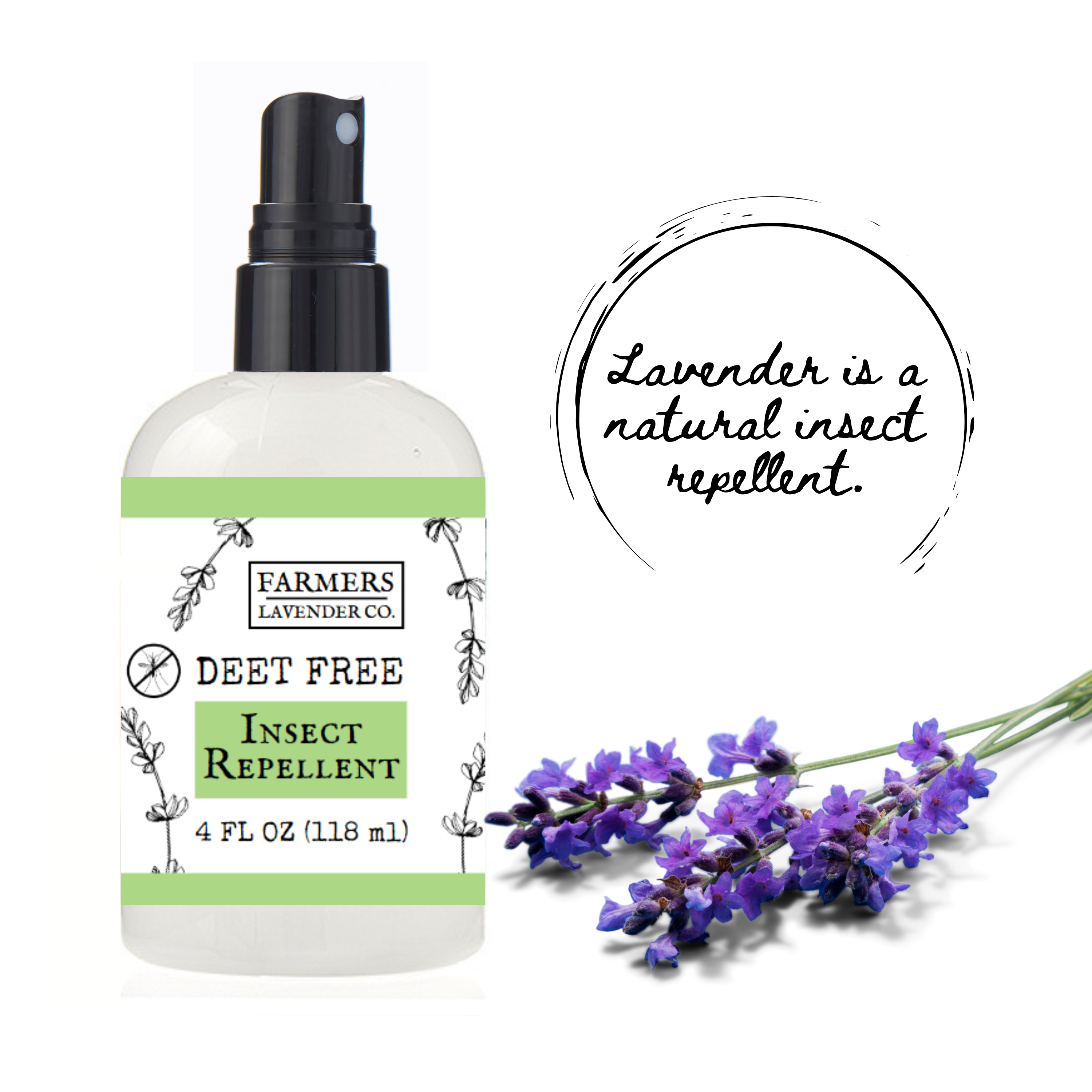FARMERS Lavender Co. DEET-Free Insect Repellent in a 4 fl oz bottle, natural outdoor bug spray with lavender scent.