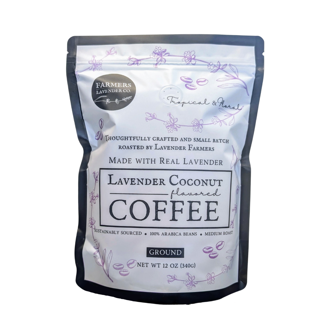 Ground lavender coconut coffee by FARMERS Lavender Co., showing a bag of lavender-flavored ground coffee with lavender flowers and coconut accents.