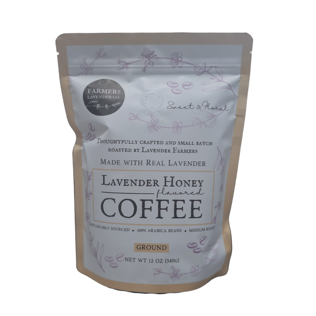 Ground lavender coffee from FARMERS Lavender Co., featuring a fragrant blend of lavender and honey for a unique coffee experience.