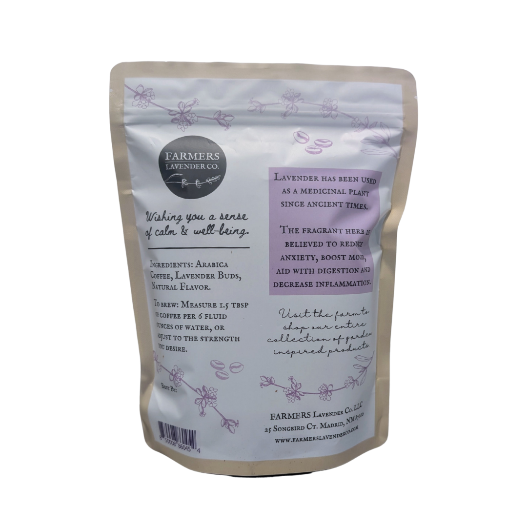 Ground lavender coffee by FARMERS Lavender Co., showcasing a bag of fragrant lavender-infused ground coffee with purple accents.