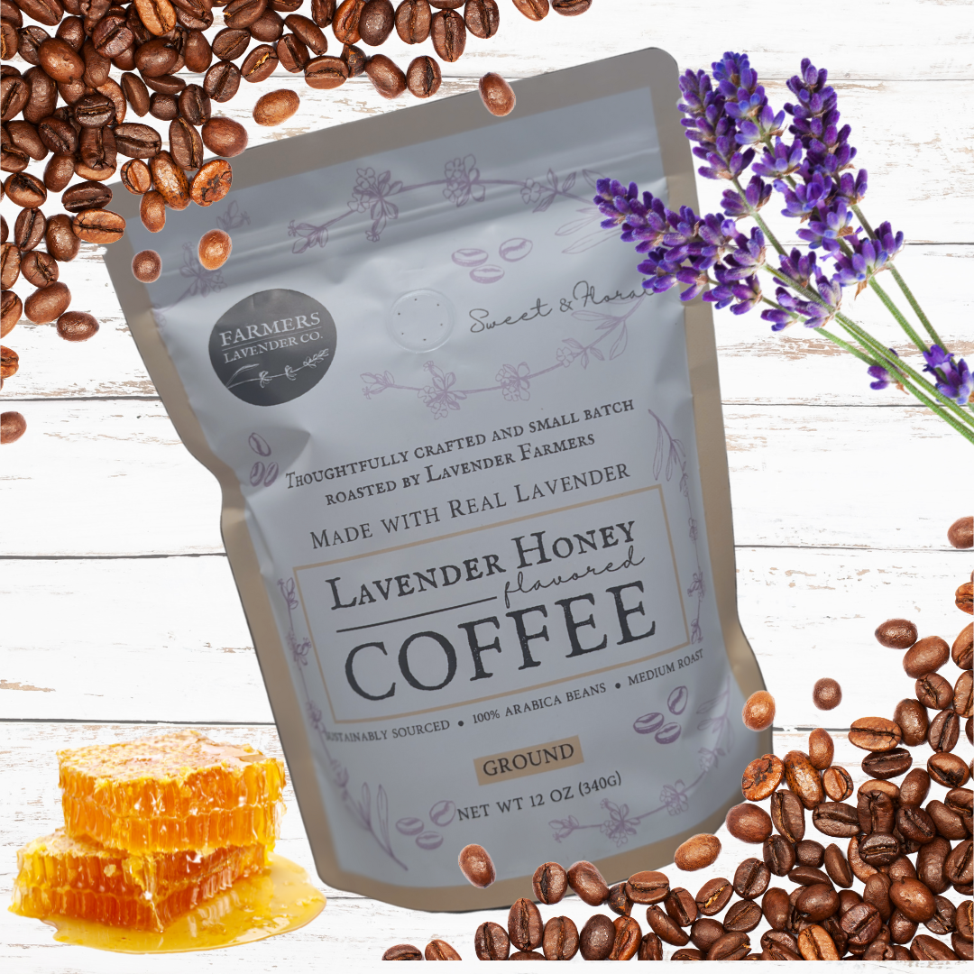 Ground lavender coffee by FARMERS Lavender Co., featuring a fragrant blend of lavender and honey for a soothing brew.