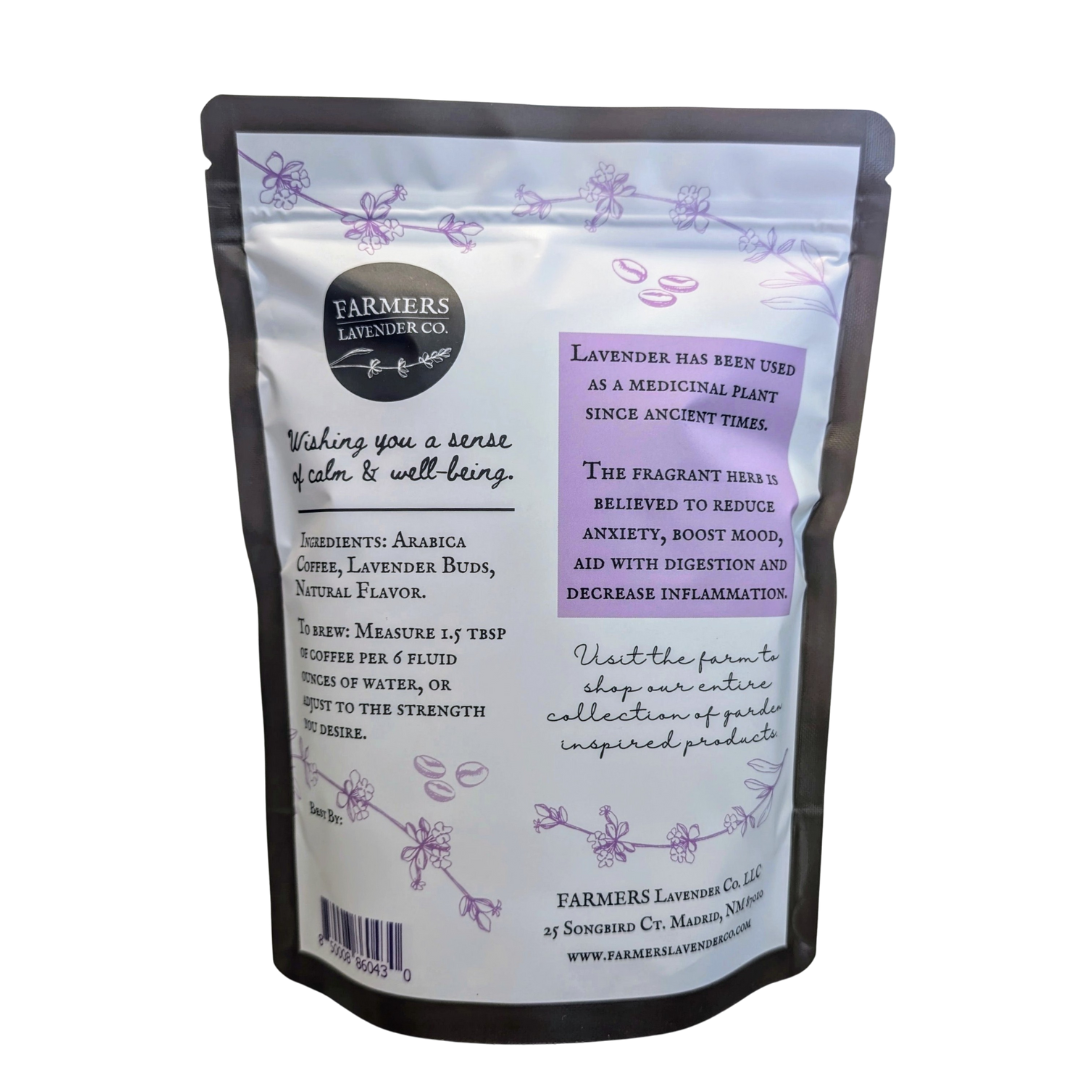Ground lavender vanilla coffee from FARMERS Lavender Co. displayed in a bag with lavender flowers and vanilla beans.
