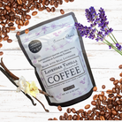 Ground Lavender Vanilla Coffee by FARMERS Lavender Co., showcasing lavender-infused coffee grounds in a close-up image.