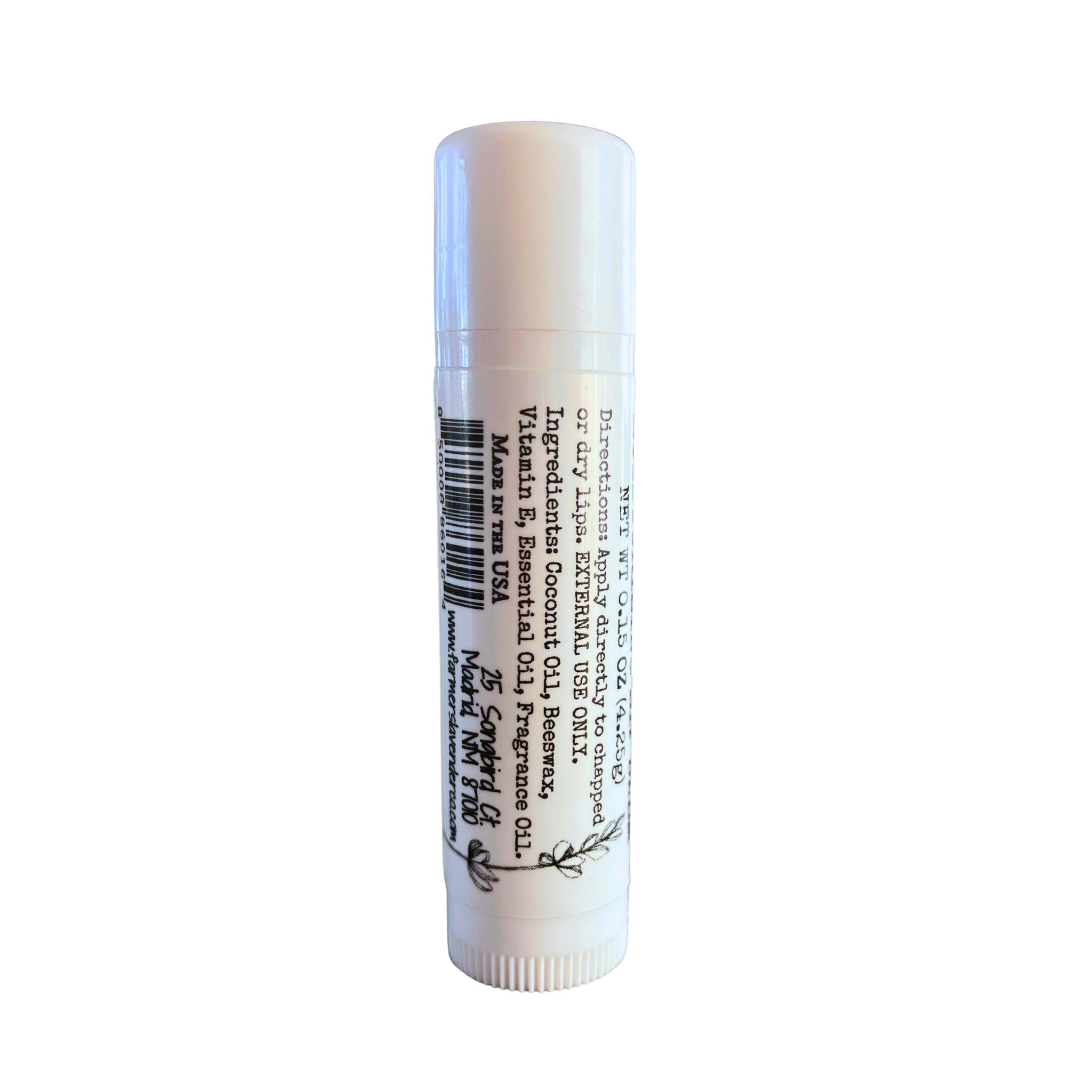 Lavender lip balm by FARMERS Lavender Co. in a small jar, featuring a smooth lavender-colored balm inside, for nourishing lips.