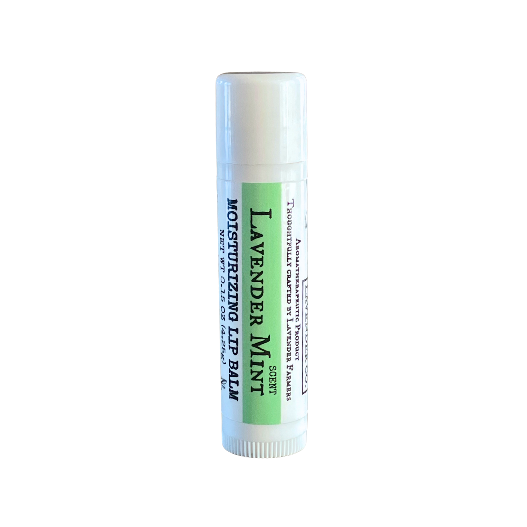 Lavender Mint Lip Balm by FARMERS Lavender Co. showing a tube with lavender and mint flavor, natural lip care product.