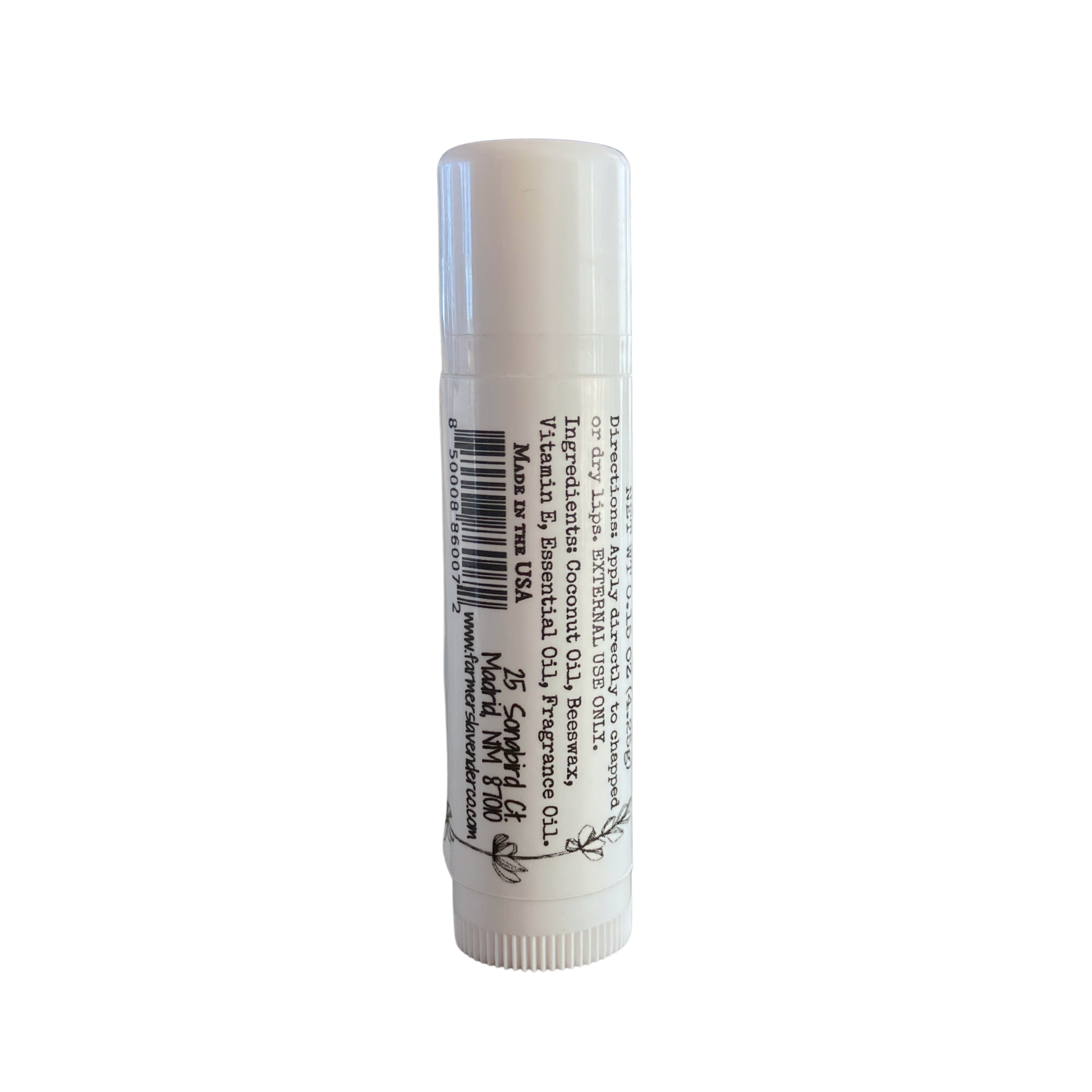 Lavender Mint Lip Balm by FARMERS Lavender Co. showing the tube with lavender and mint ingredients and branding.
