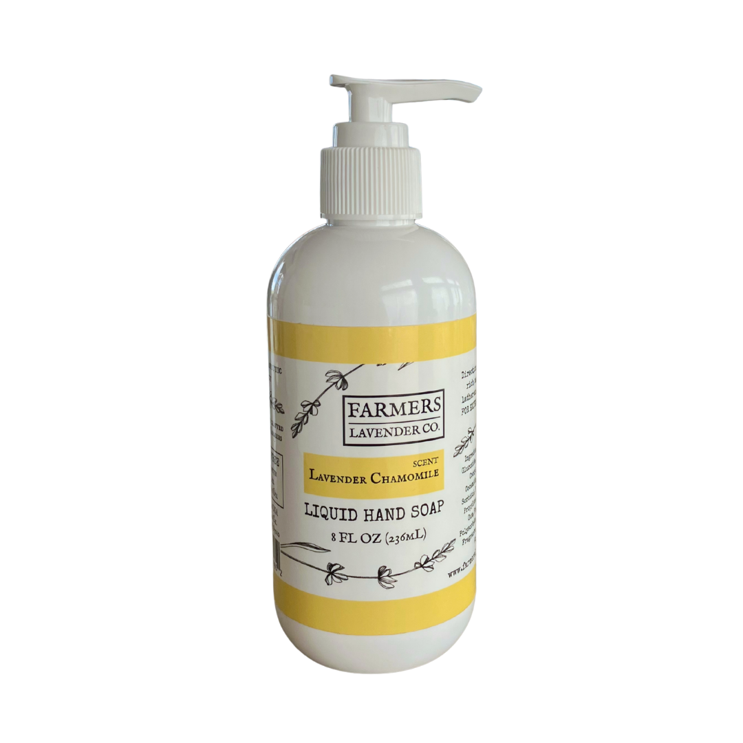 FARMERS Lavender Co. Lavender Chamomile Liquid Hand Soap in a clear pump bottle with lavender and chamomile flowers.