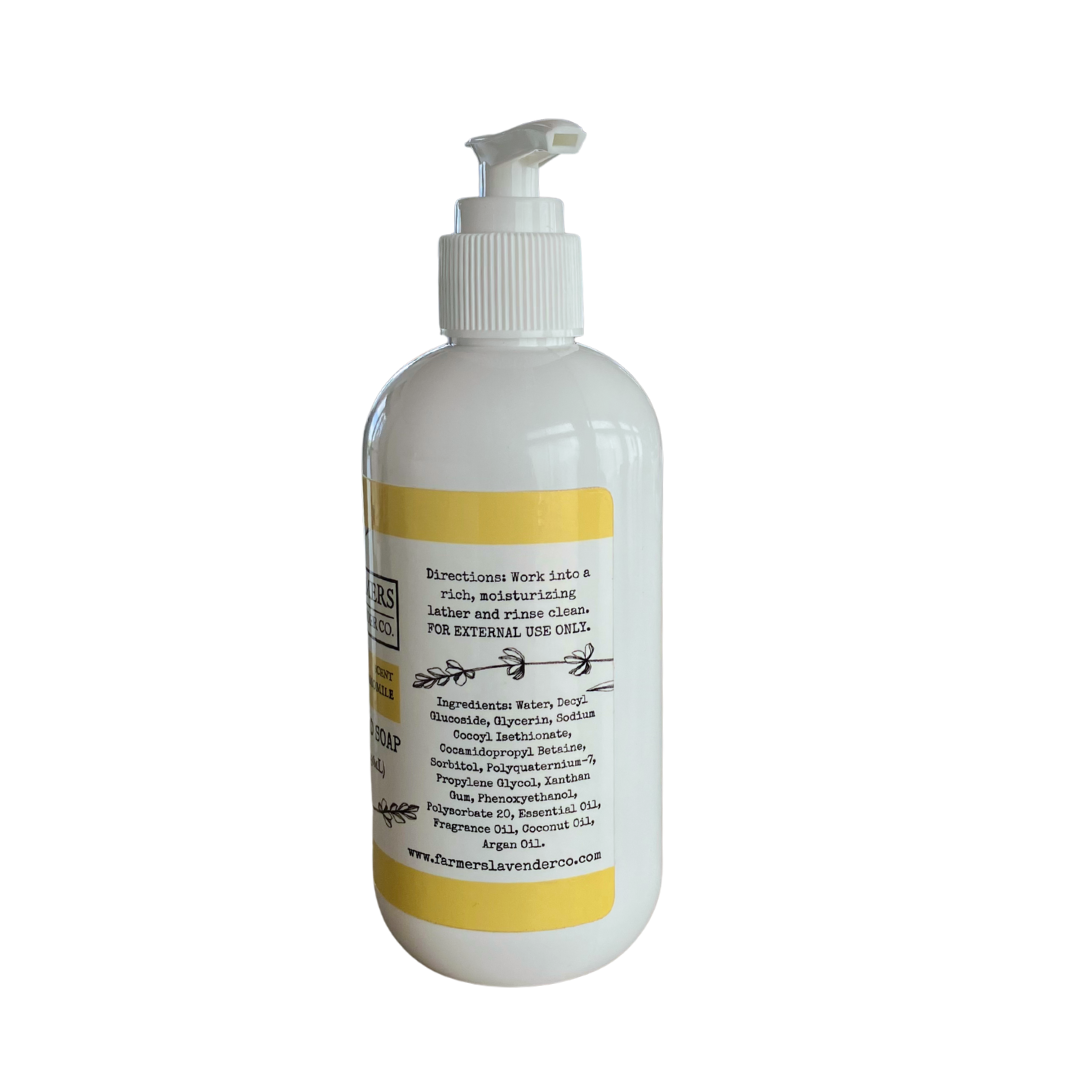 FARMERS Lavender Co. Lavender Chamomile Liquid Hand Soap in clear bottle, featuring lavender and chamomile ingredients, sulfate free.
