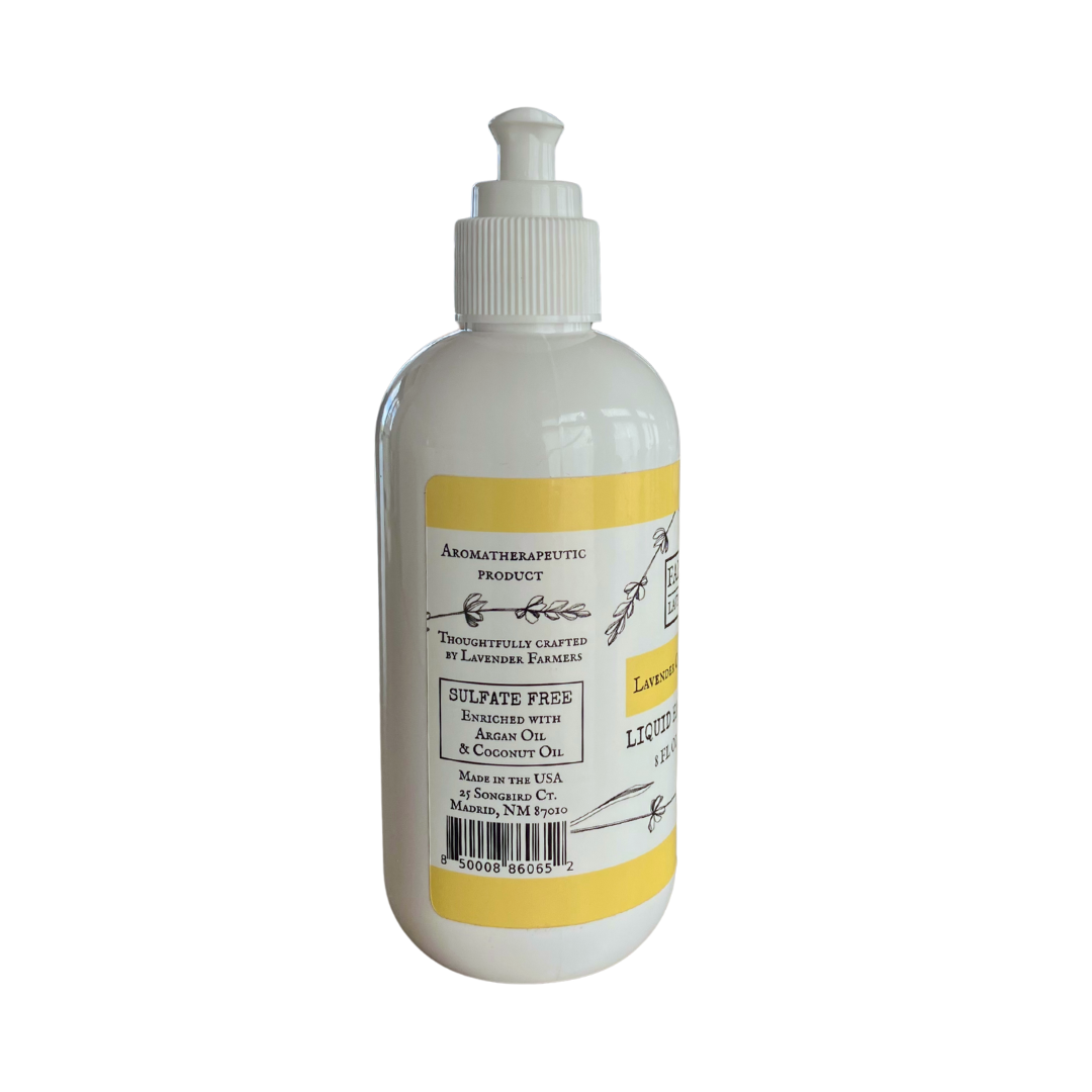 FARMERS Lavender Co. Lavender Chamomile Liquid Hand Soap in a clear pump bottle, sulfate-free formula with lavender and chamomile extracts.