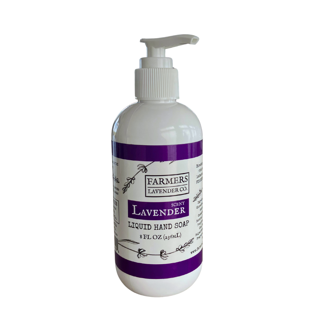 FARMERS Lavender Co. sulfate-free lavender liquid hand soap in a clear pump bottle with a lavender floral label.