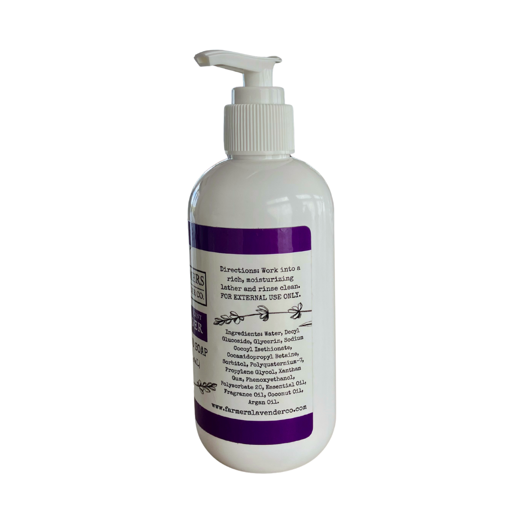 FARMERS Lavender Co. sulfate-free lavender liquid hand soap in a clear pump bottle with lavender flower accents