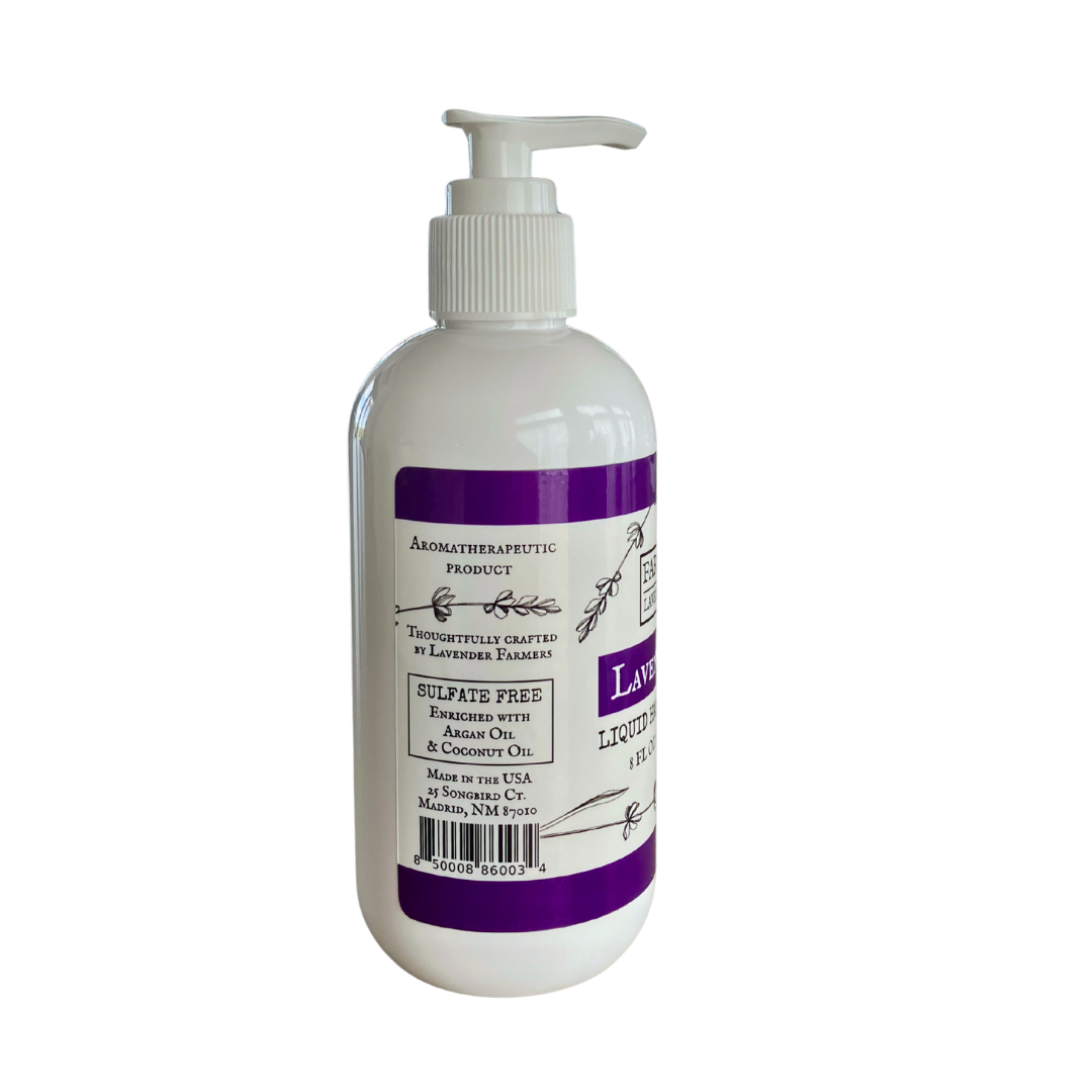 FARMERS Lavender Co. sulfate-free lavender liquid hand soap with a clear pump bottle and lavender-themed label.