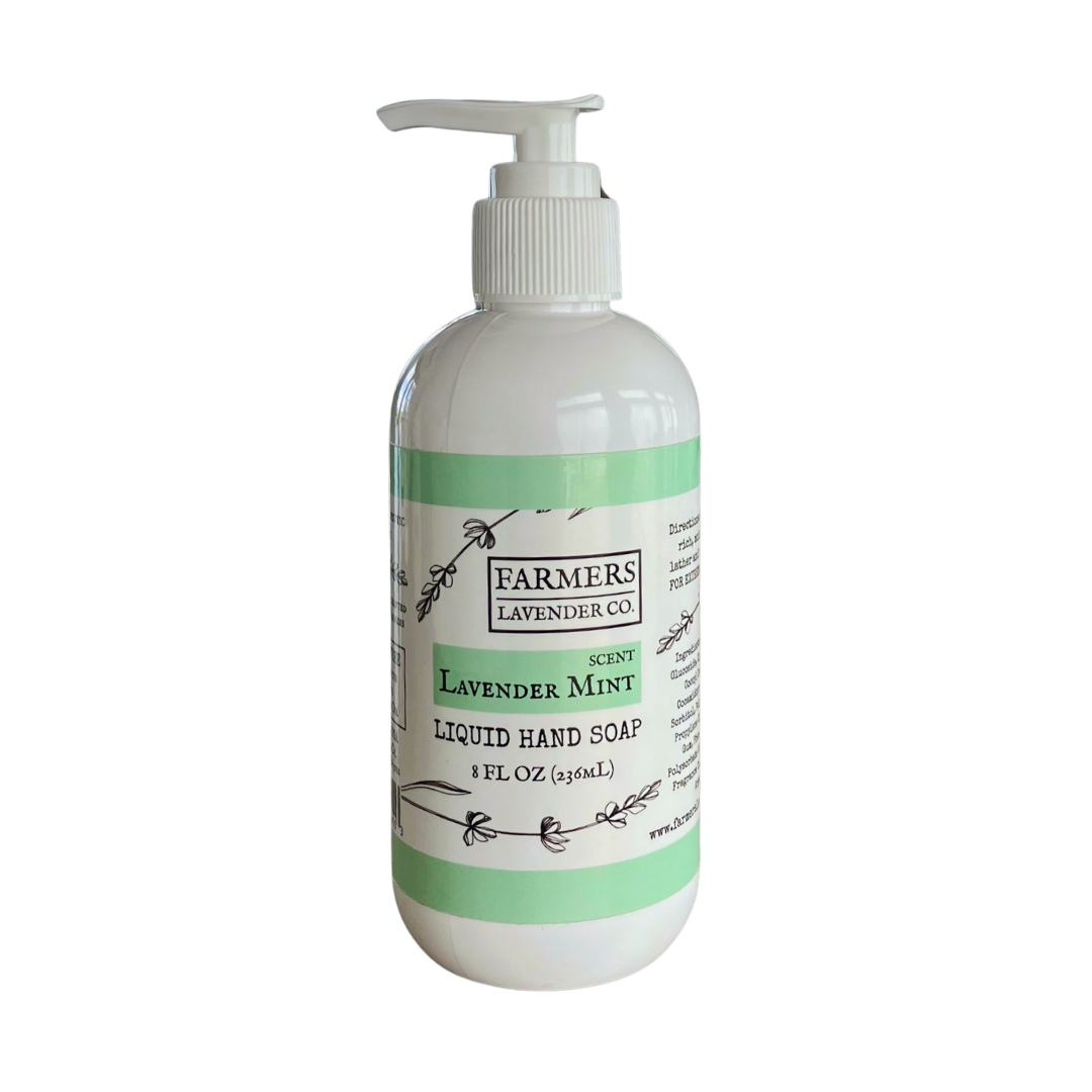 FARMERS Lavender Co. Lavender Mint Liquid Hand Soap in a clear pump bottle, showcasing the soap with lavender and mint scent elements.