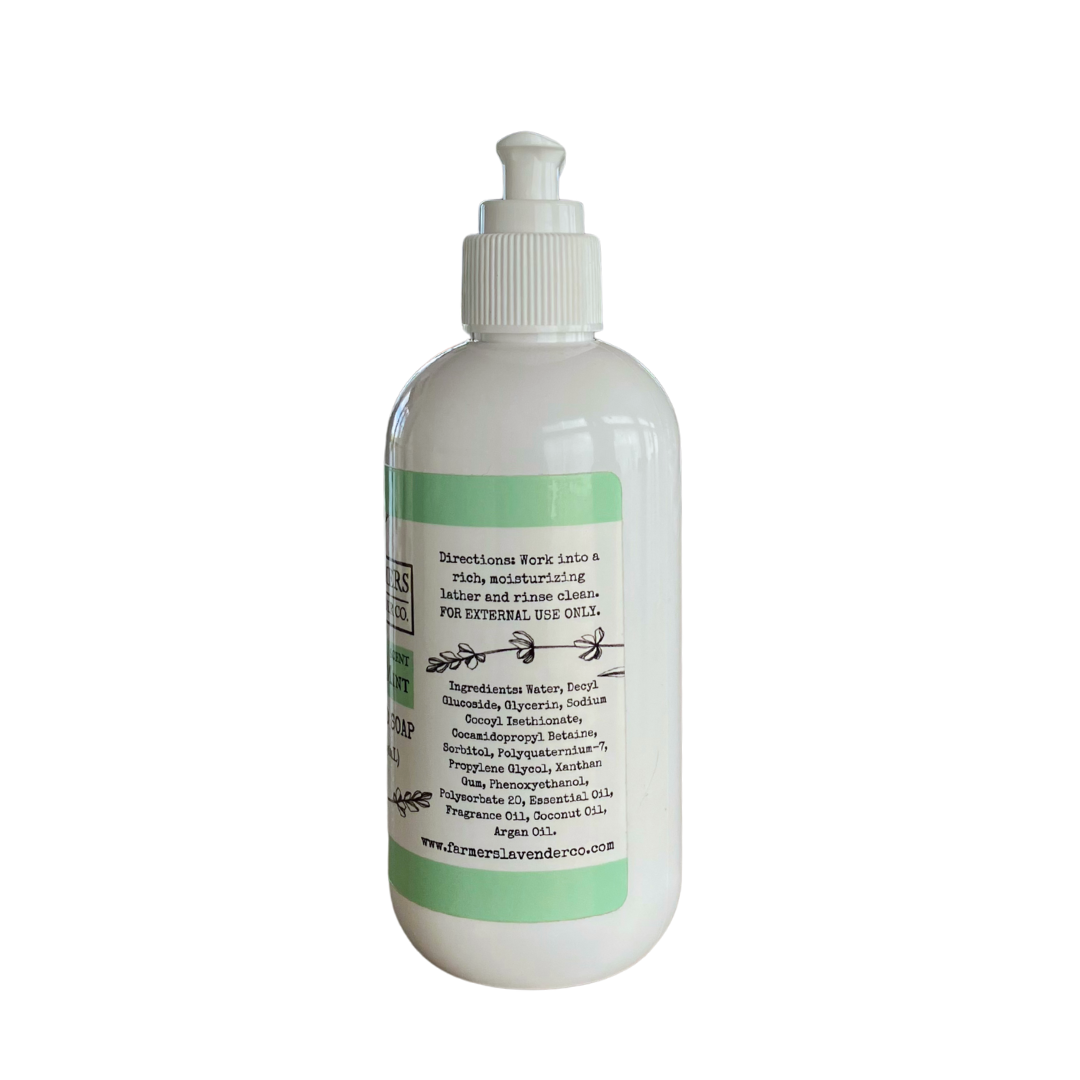 FARMERS Lavender Co. Lavender Mint Liquid Hand Soap in a clear pump bottle with lavender and mint scent.