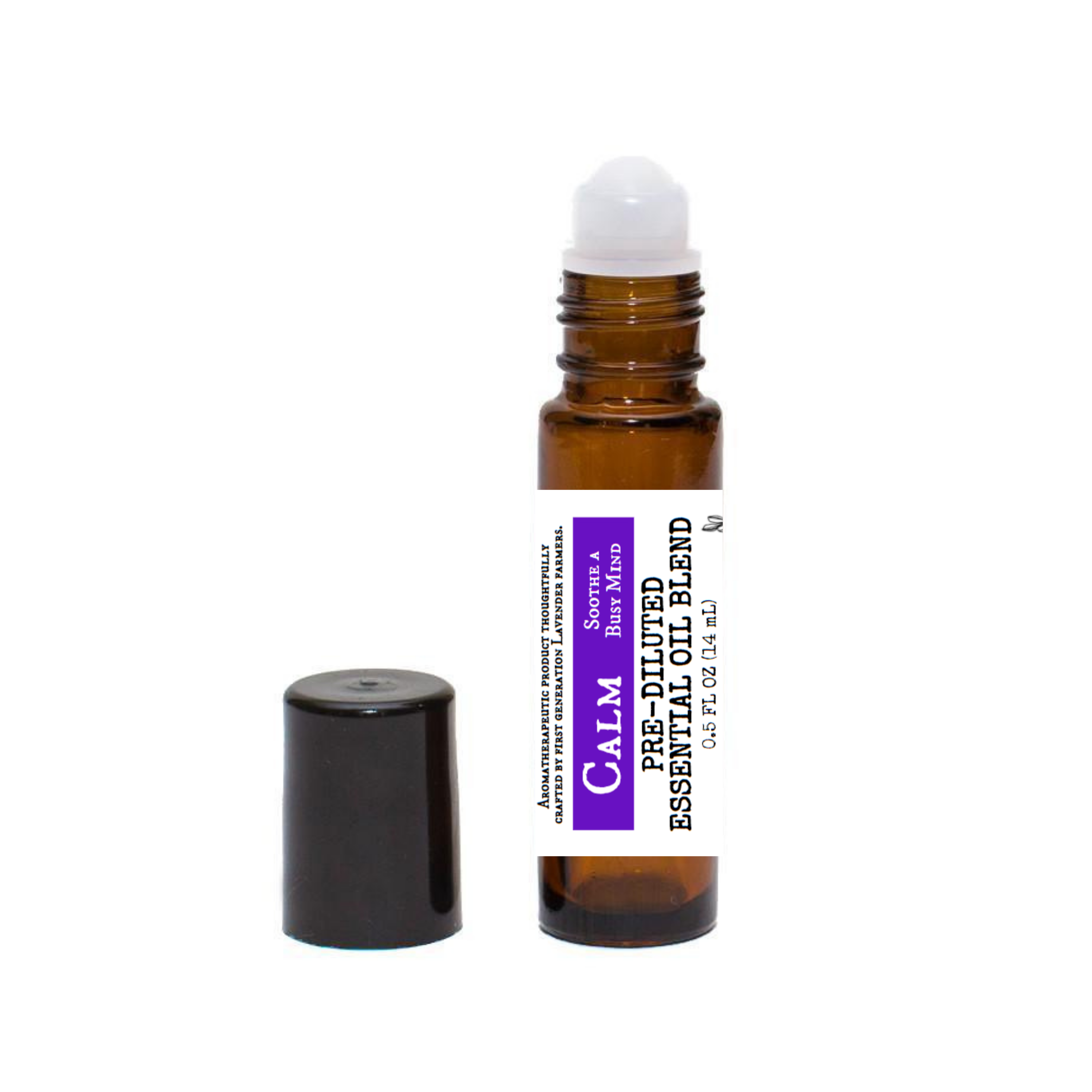 Pre-diluted CALM Lavender Essential Oil Blend by FARMERS Lavender Co. in a clear glass bottle with a white cap and lavender label.