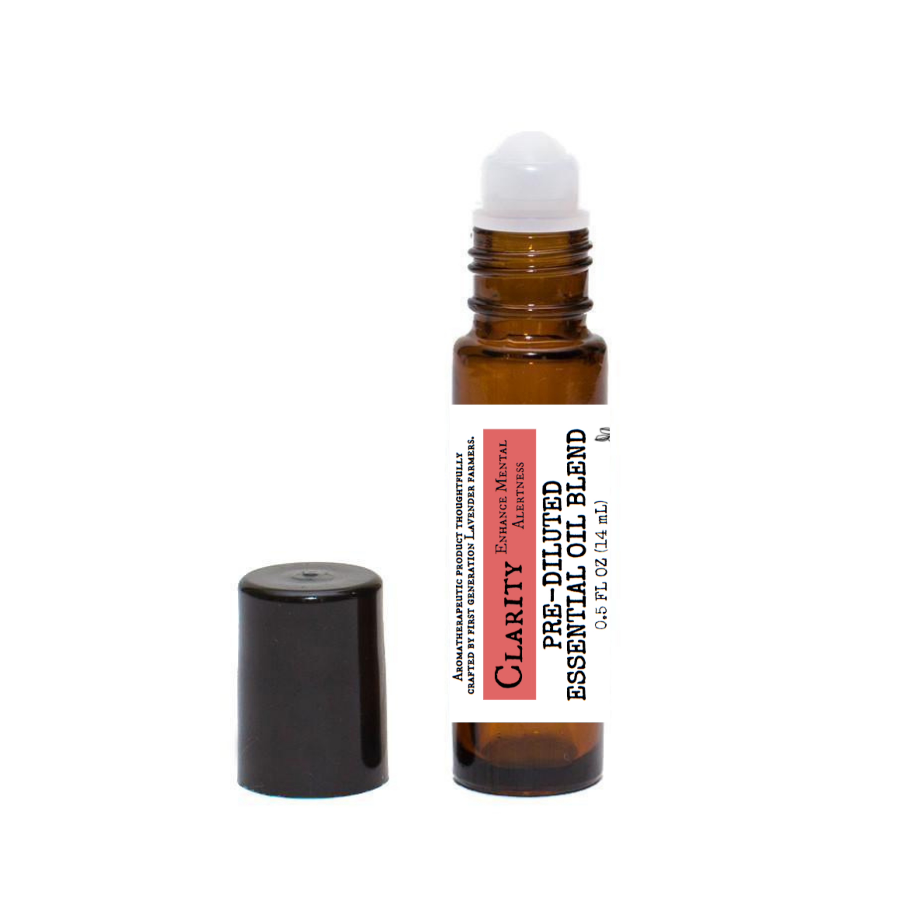 Pre-diluted CLARITY Lavender Essential Oil Blend by FARMERS Lavender Co. in a glass bottle, showing the label and product packaging.