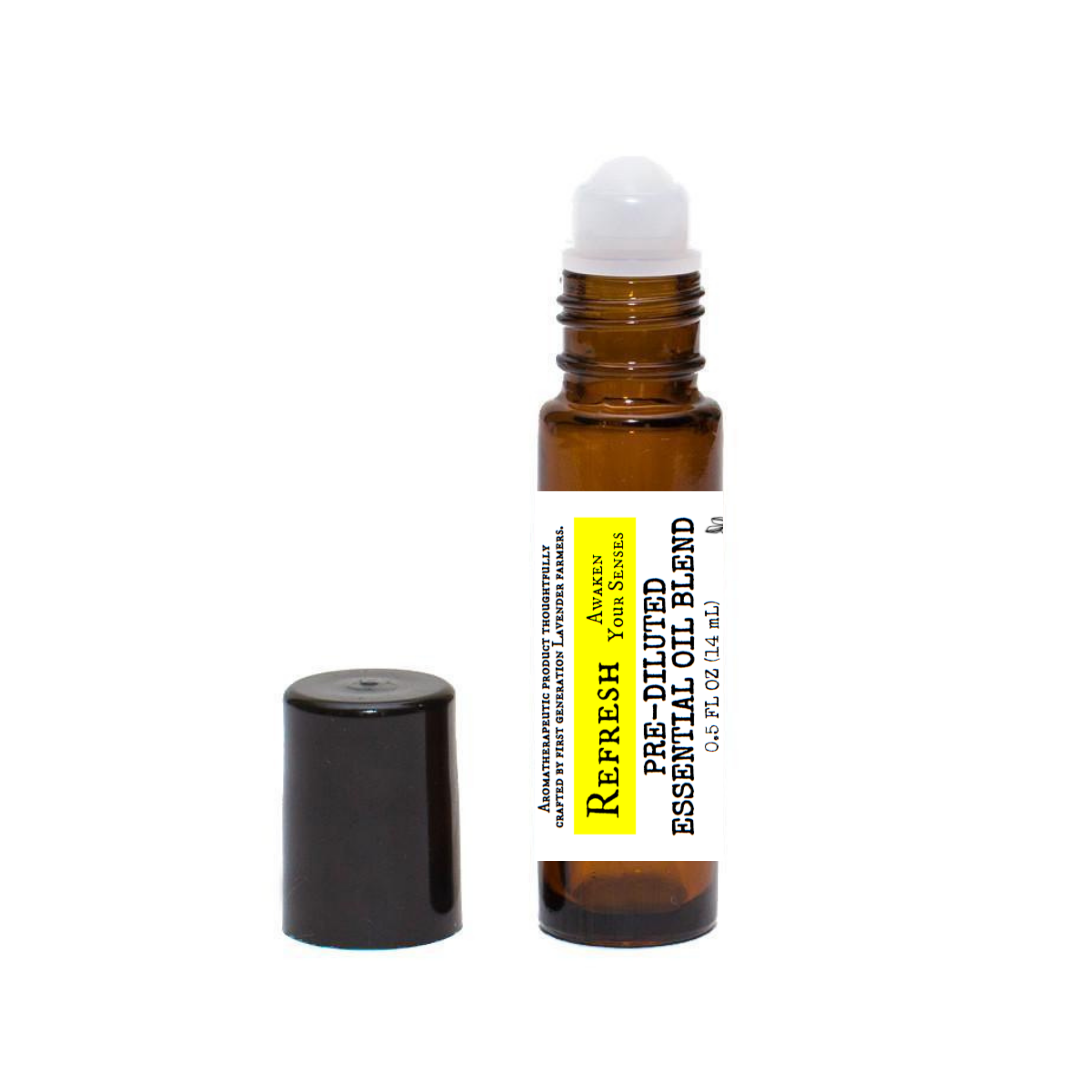 Pre-diluted REFRESH Lavender Essential Oil Blend by FARMERS Lavender Co. in a clear bottle with a lavender-colored label.