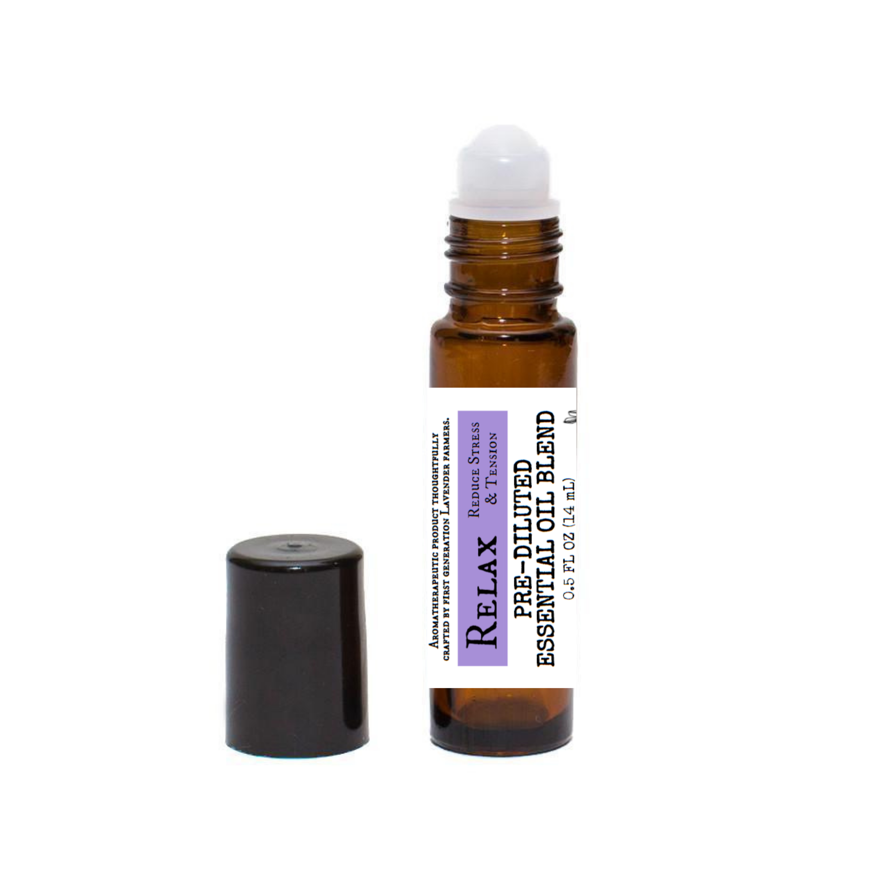 Pre-diluted RELAX Lavender Essential Oil Blend by FARMERS Lavender Co. in a clear bottle with lavender flowers and soothing label.
