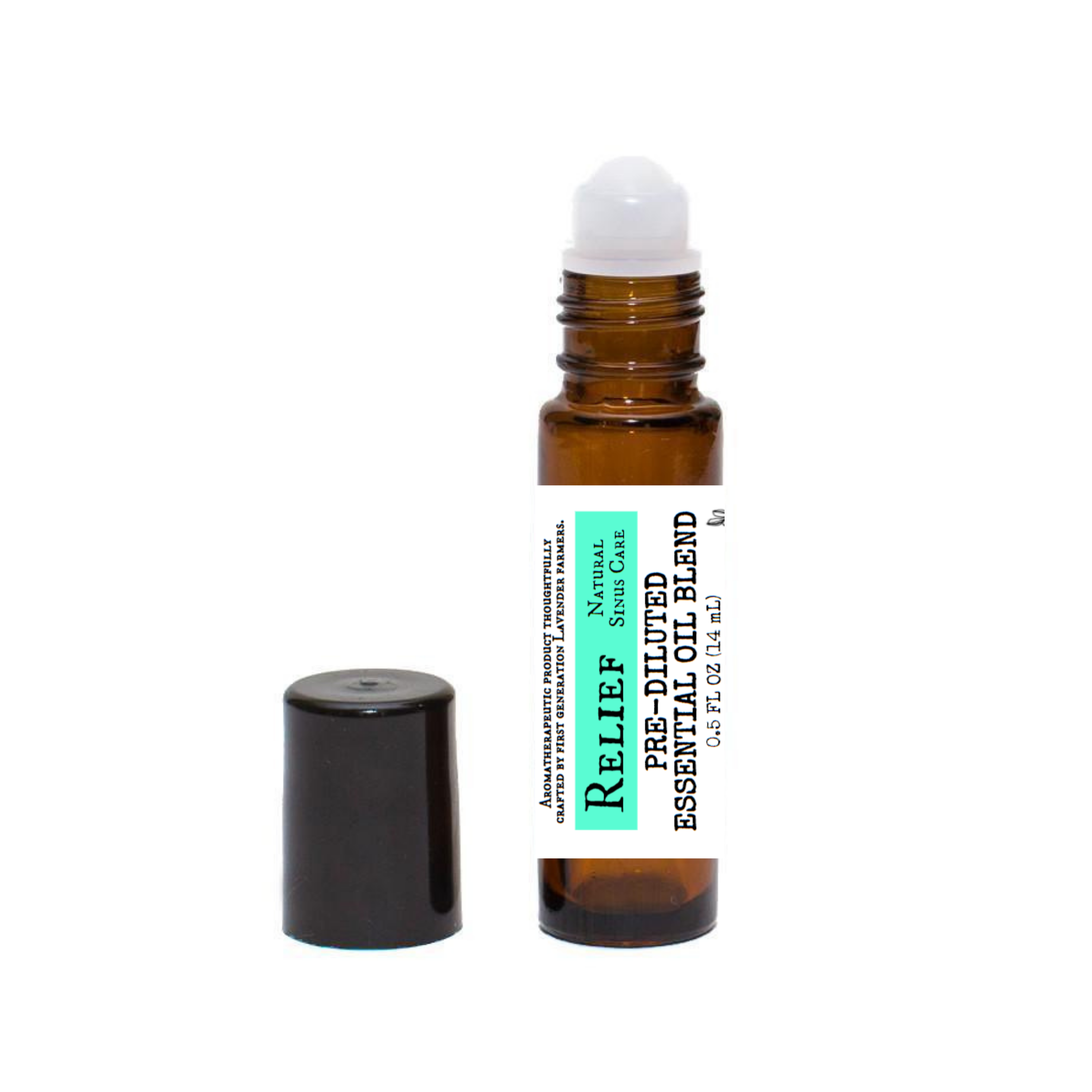 Pre-diluted RELIEF Lavender Essential Oil Blend bottle from FARMERS Lavender Co., showing clear liquid and labeled packaging.