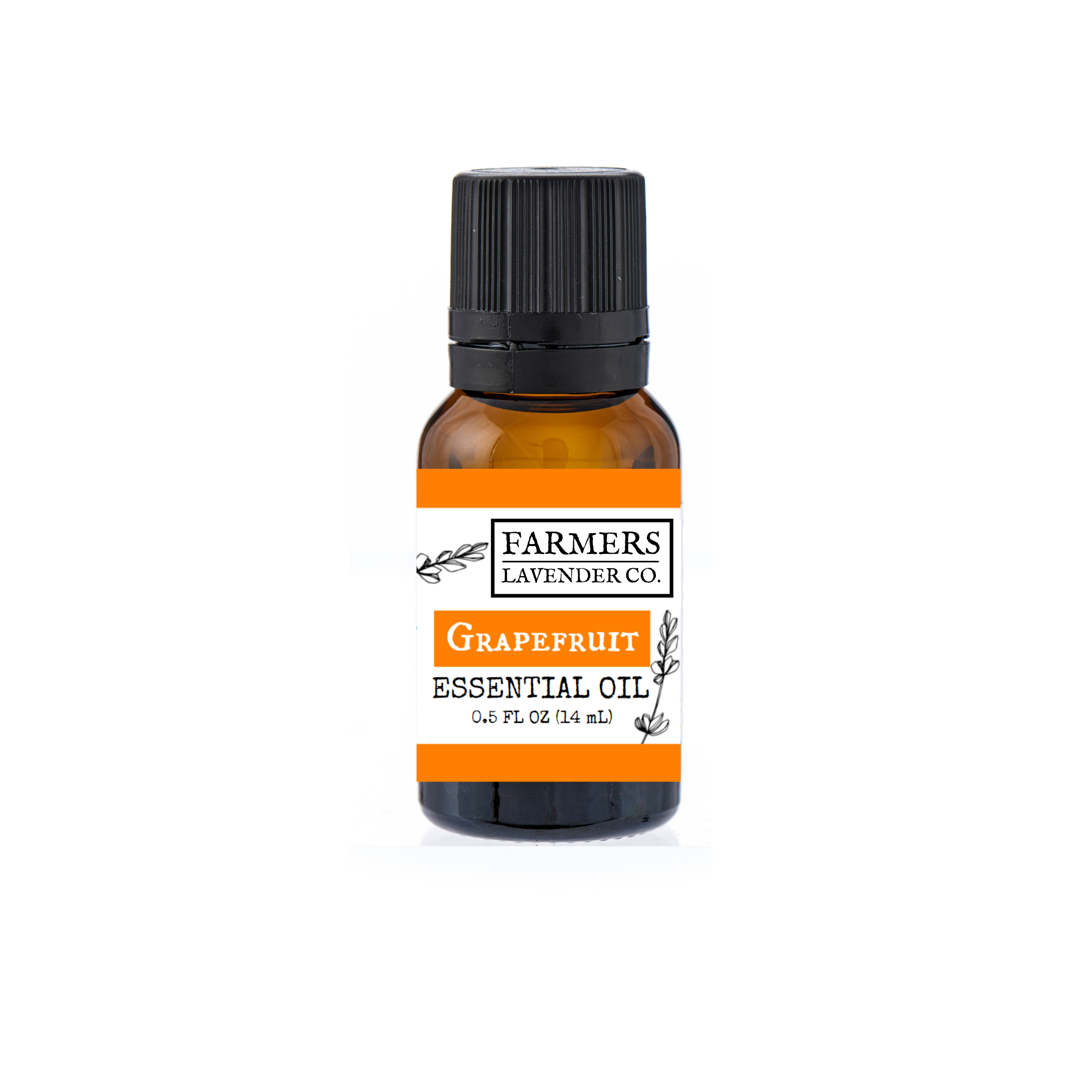 Grapefruit pure essential oil from FARMERS Lavender Co. in a glass bottle, with fresh grapefruit slices in the background.
