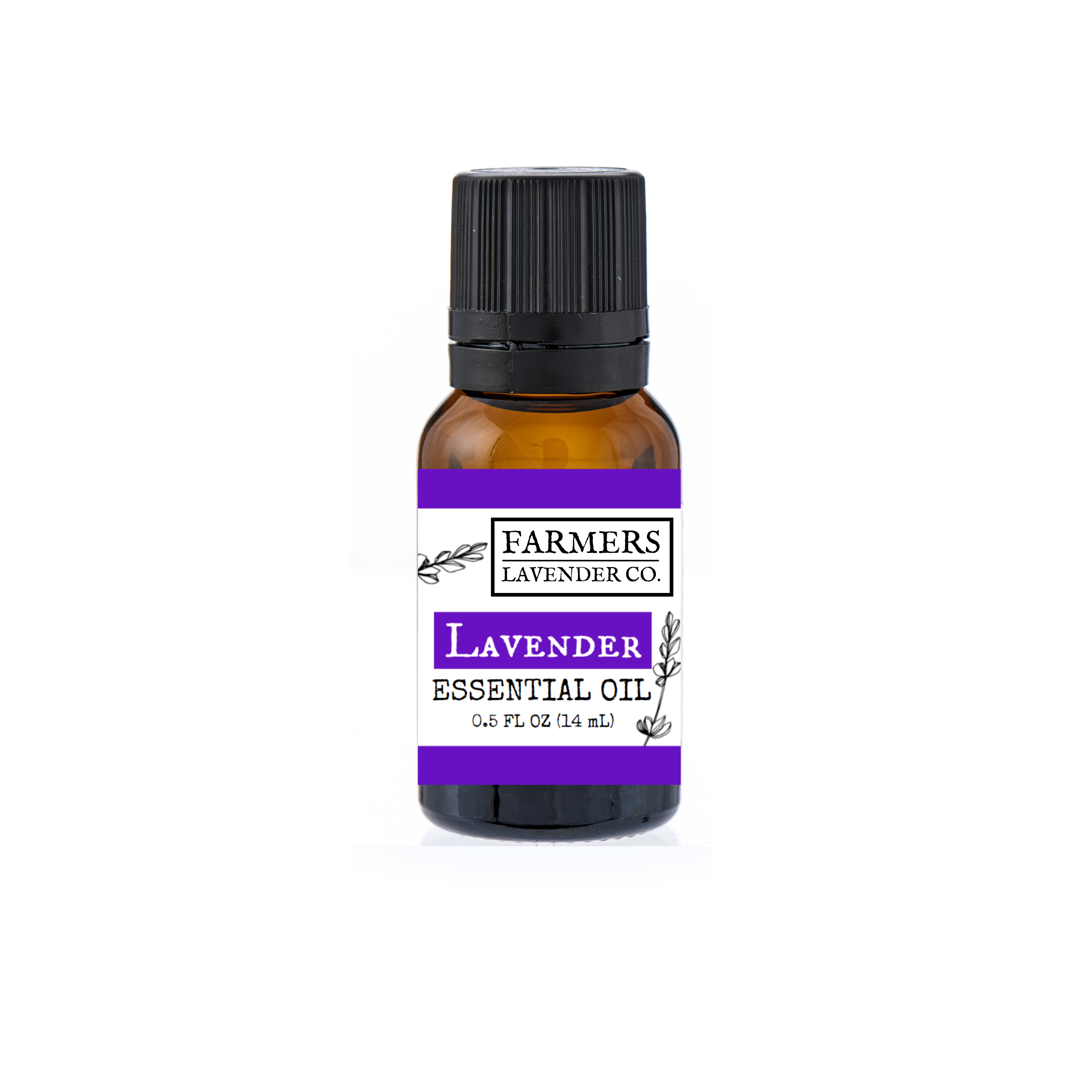 Bottle of FARMERS Lavender Co. pure lavender essential oil, showcasing the clear glass container and lavender oil inside.