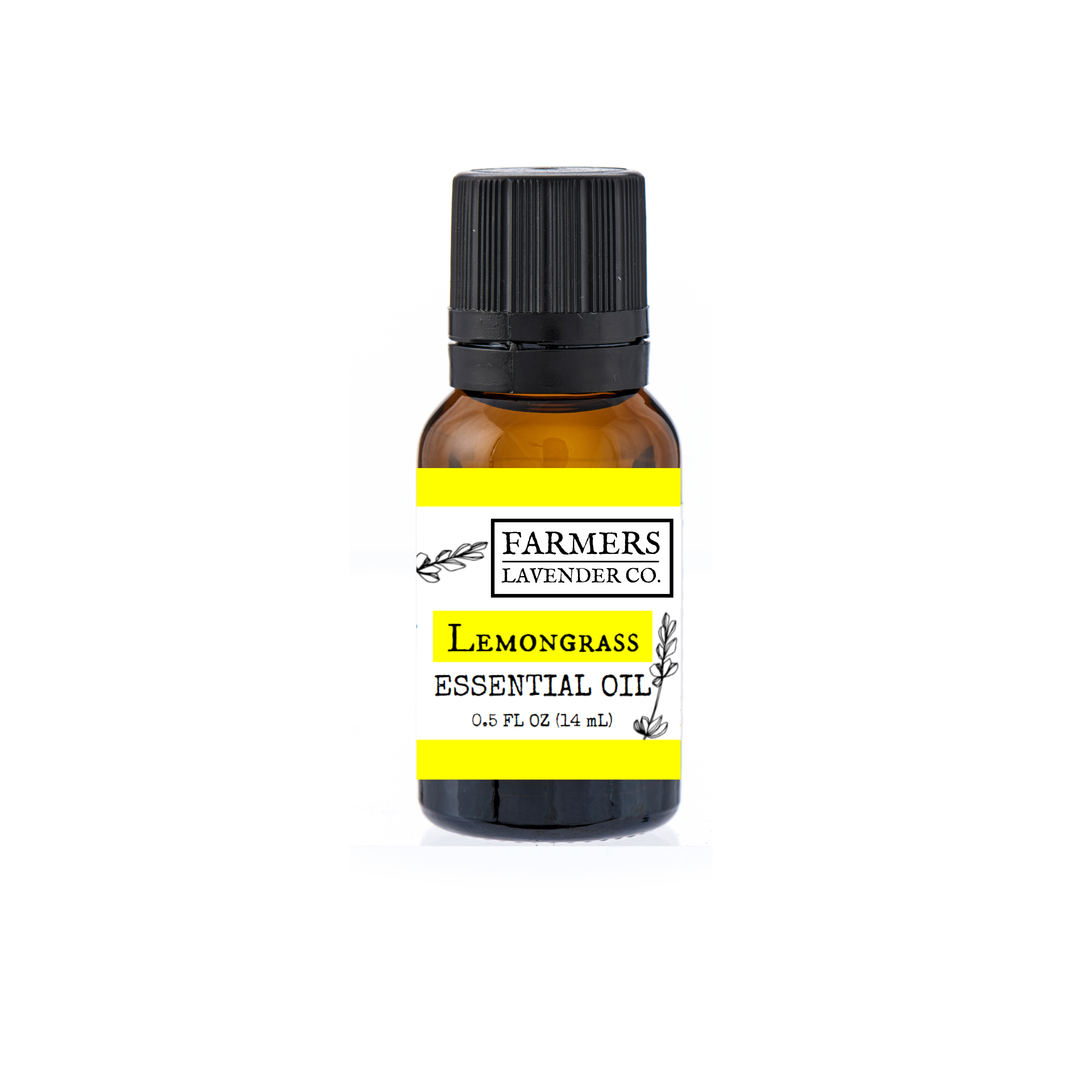 Bottled lemongrass pure essential oil by FARMERS Lavender Co., with a label showing fresh lemongrass and botanical illustrations.