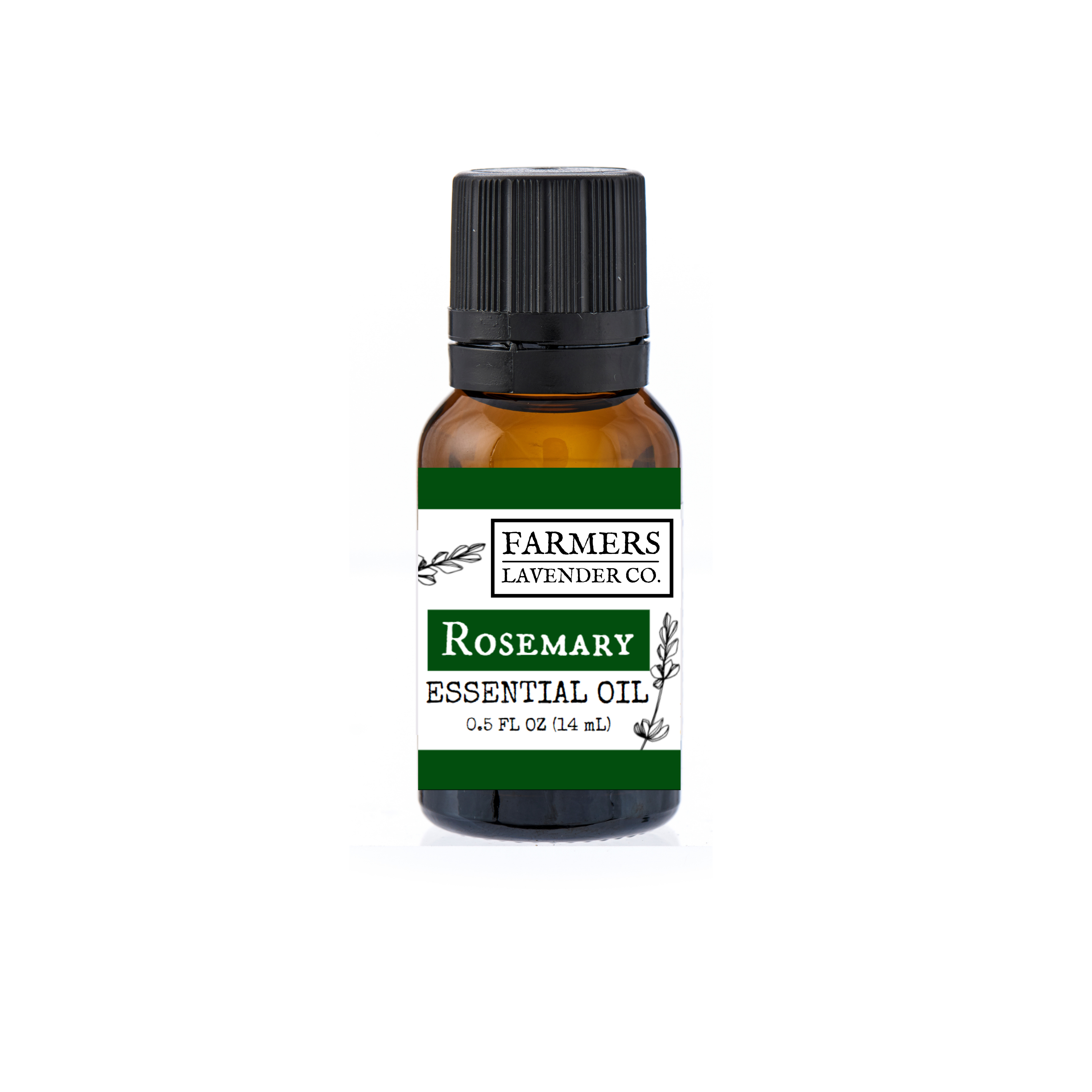 Farmers Lavender Co. Rosemary Pure Essential Oil bottle, clear glass container with label, surrounded by fresh rosemary sprigs.