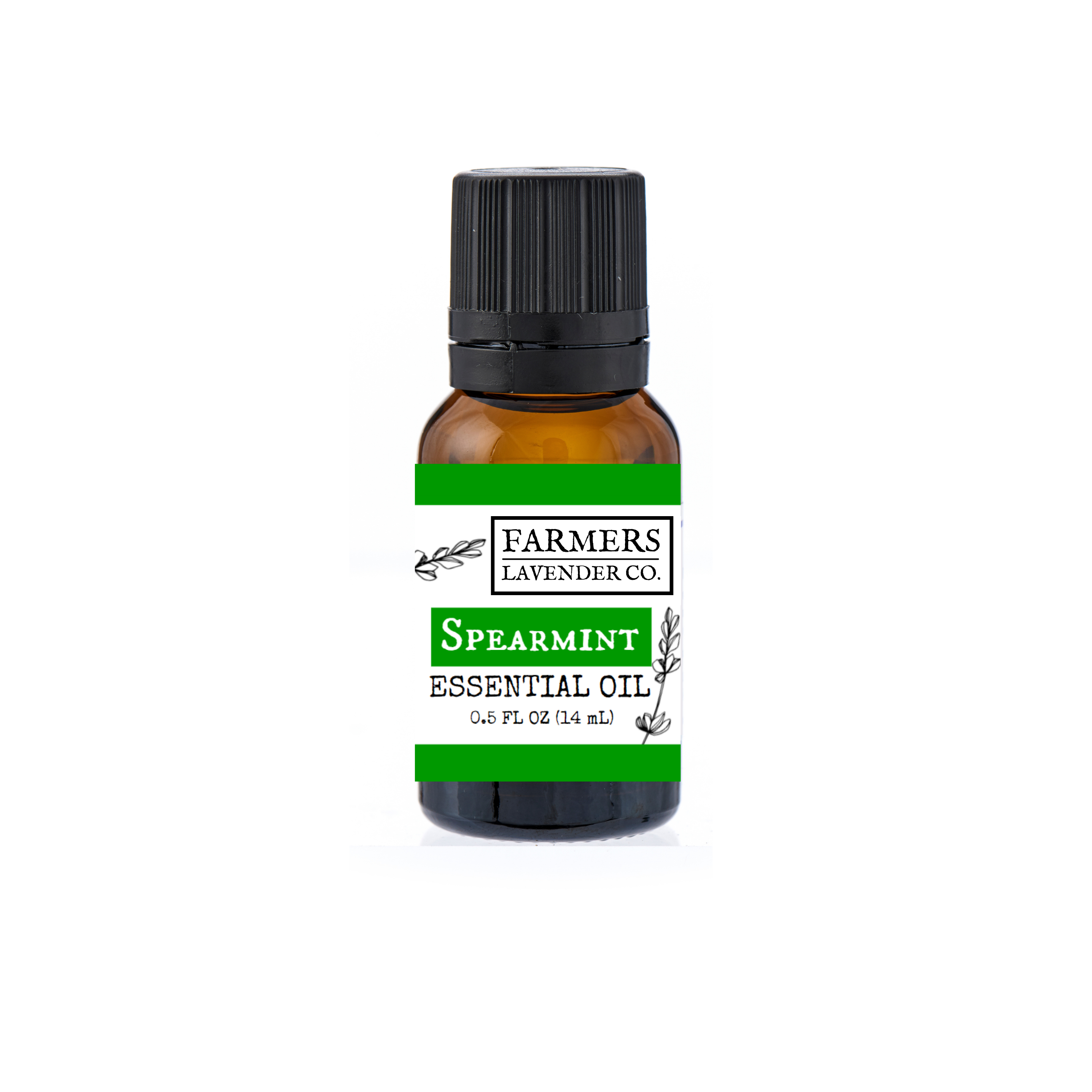 Bottle of FARMERS Lavender Co. Spearmint Pure Essential Oil, clear glass container with a white label and green cap.