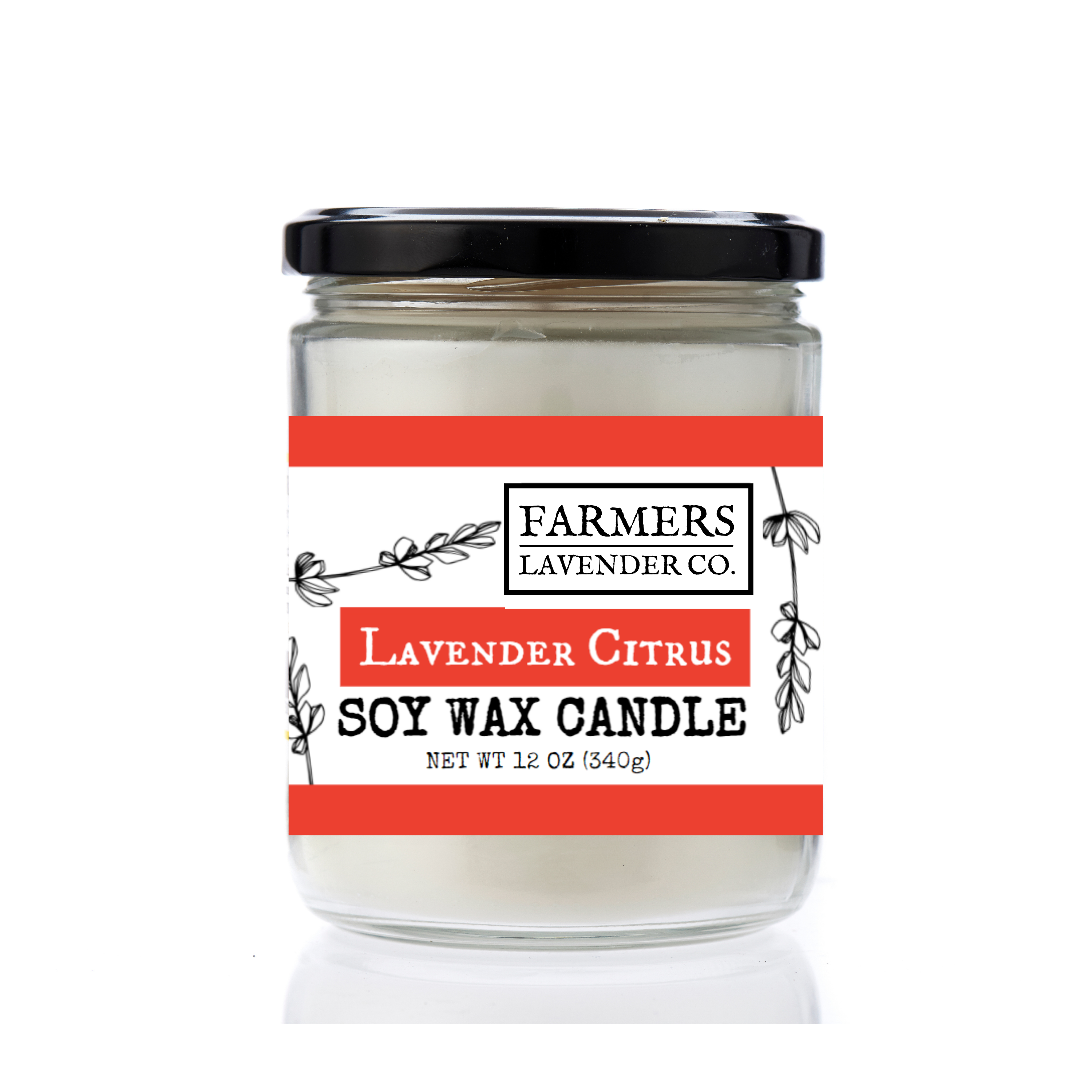 Lavender Citrus Soy Wax Candle by FARMERS Lavender Co. with a glass jar and lavender and citrus scent details visible.