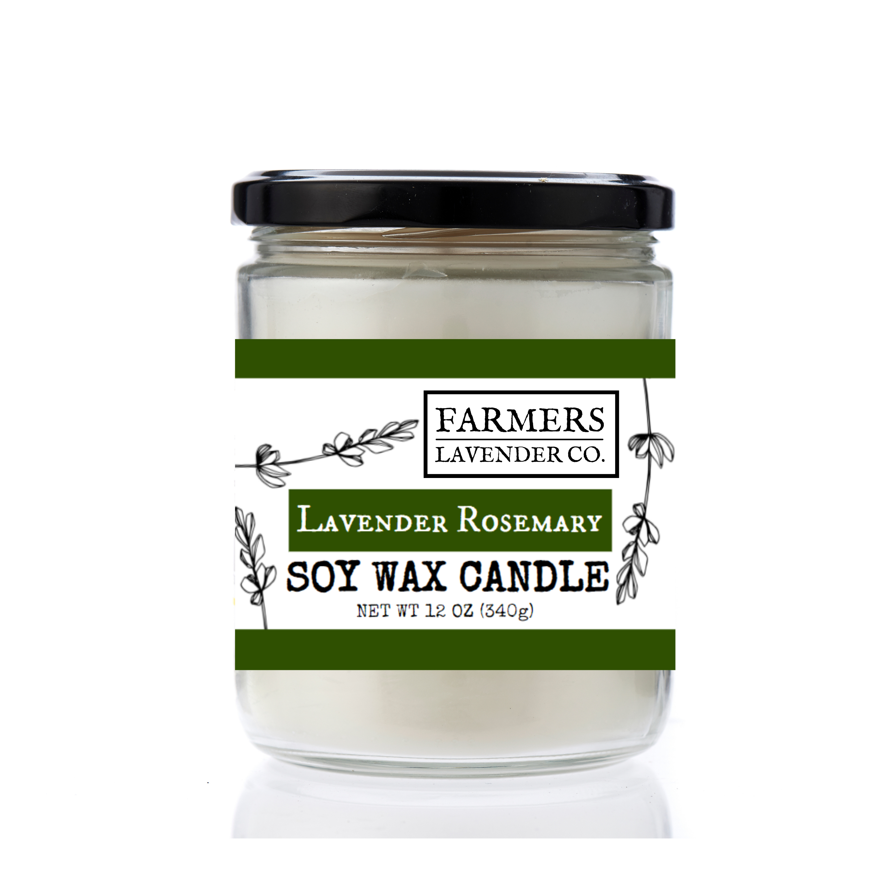 Lavender Rosemary soy wax candles from FARMERS Lavender Co. with lavender and rosemary herbs in a glass holder.