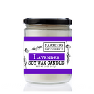 Lavender soy wax candle from FARMERS Lavender Co. with a glass jar and lavender floral design on the label.