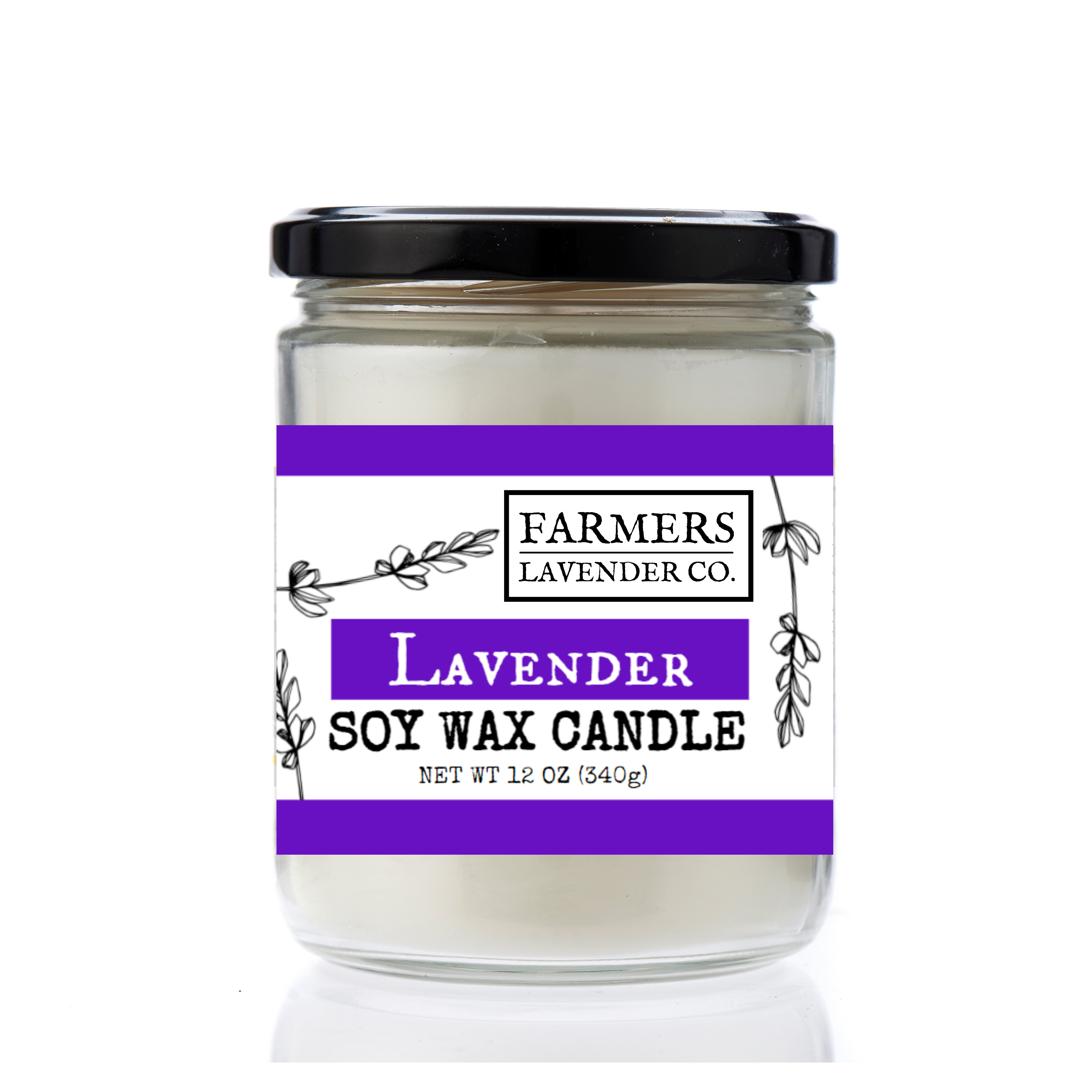 Lavender soy wax candle from FARMERS Lavender Co. with a glass jar and lavender floral design on the label.