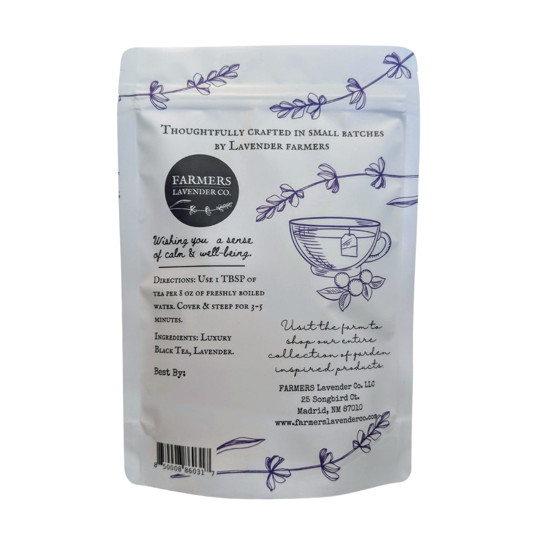 Lavender Black Loose Leaf Tea Blend by FARMERS Lavender Co., showing dark tea leaves with hints of dried lavender flowers.