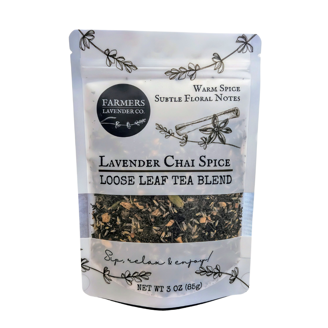 Loose leaf Lavender Chai Spice tea blend by FARMERS Lavender Co., featuring aromatic lavender, warm spices, and black tea leaves.