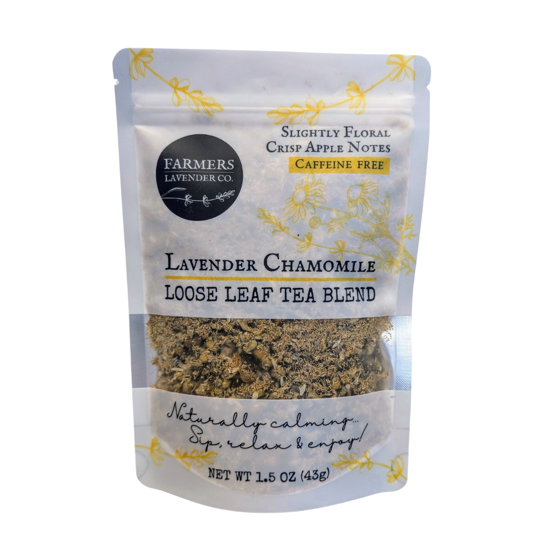 Loose leaf Lavender Chamomile tea blend from FARMERS Lavender Co., showing dried lavender and chamomile flowers in a natural tea mix.