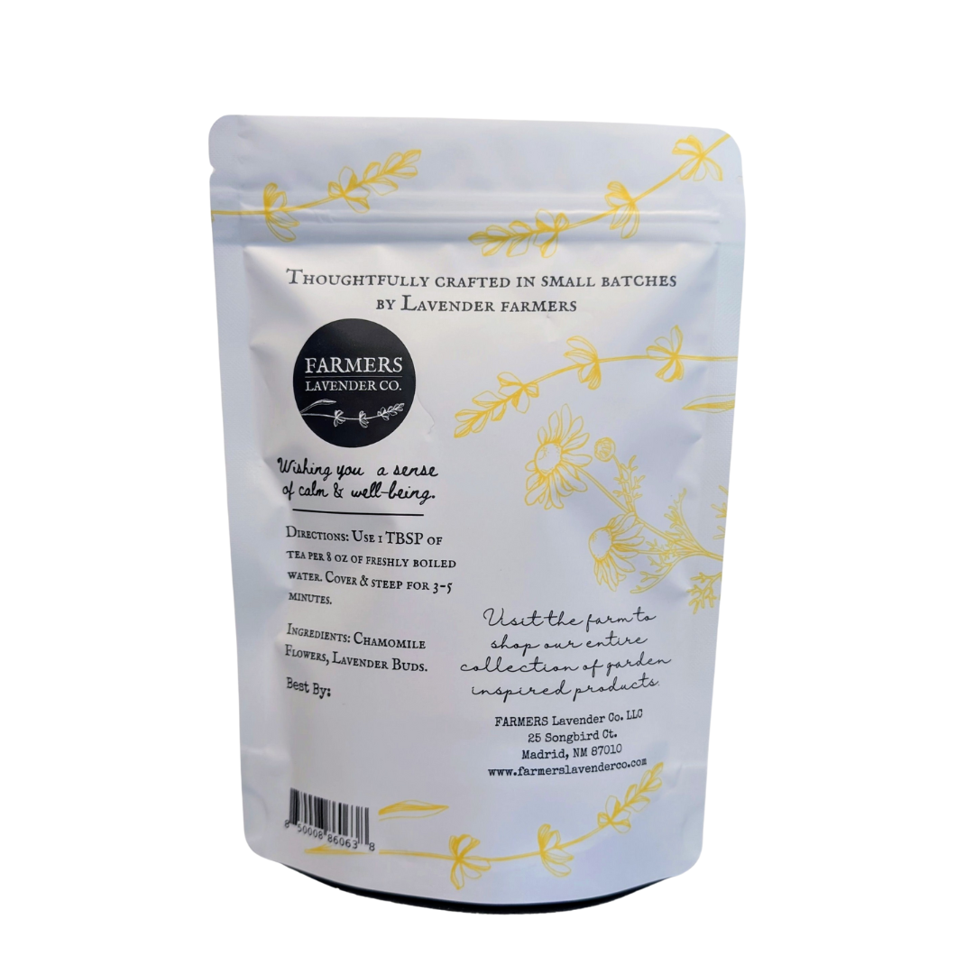 Loose leaf Lavender Chamomile tea blend by FARMERS Lavender Co., showing dried lavender and chamomile flowers.