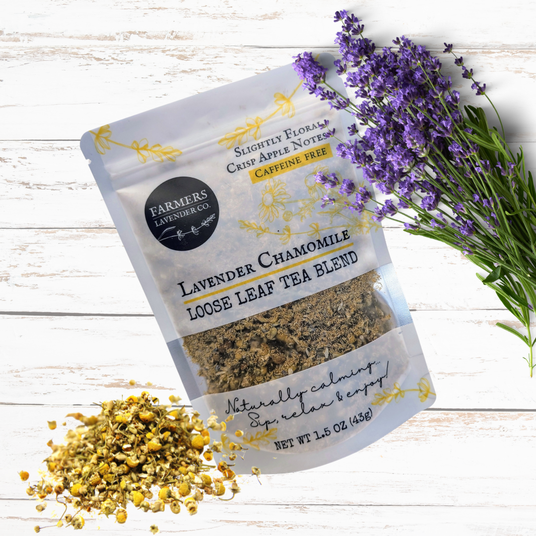 Loose leaf Lavender Chamomile Tea Blend by FARMERS Lavender Co., showing dried lavender and chamomile flowers.