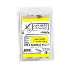 Lavender Citronella soy and beeswax wax melts from FARMERS Lavender Co. with lavender and citronella scent, displayed in a clear container.