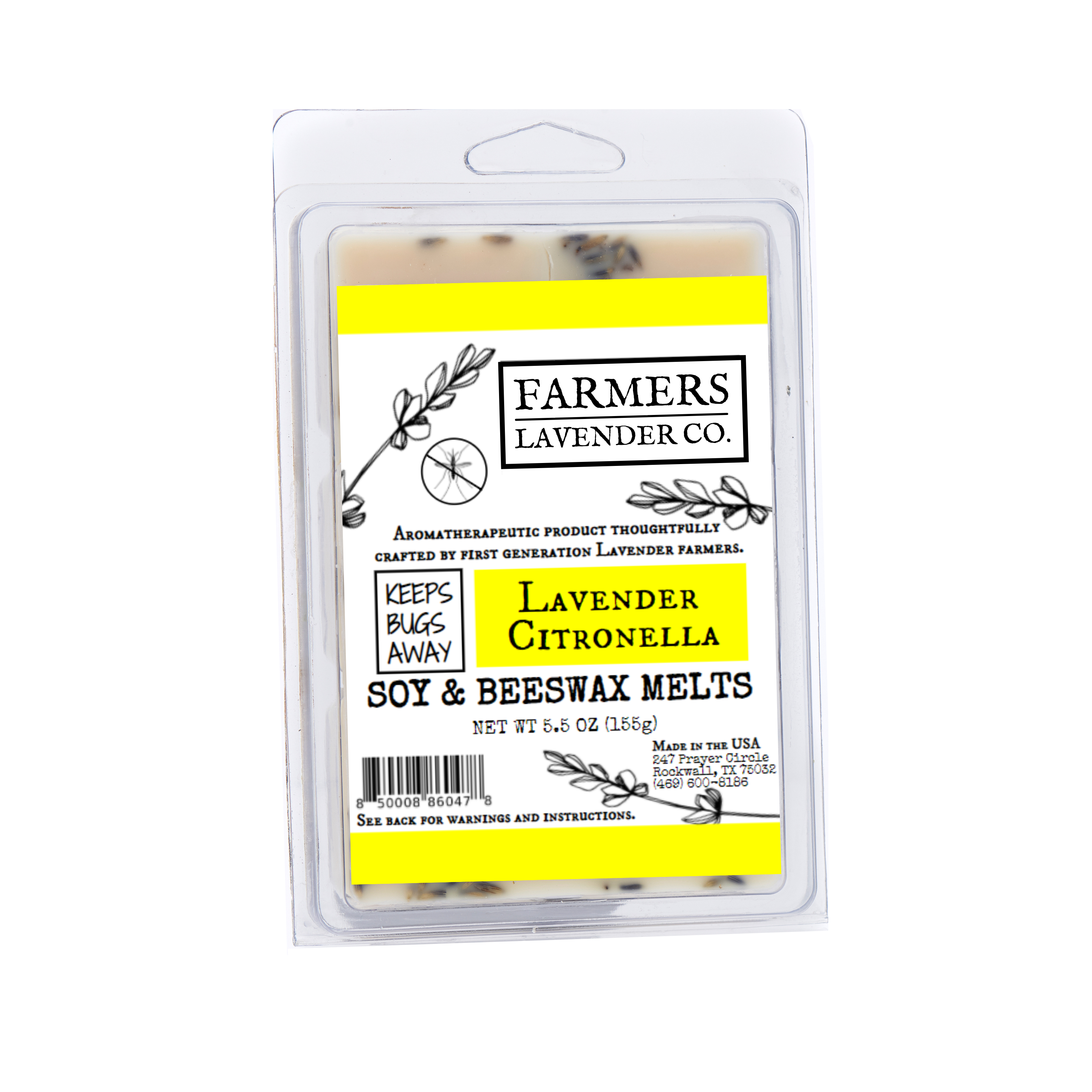 Lavender Citronella soy and beeswax wax melts from FARMERS Lavender Co. with lavender and citronella scent, displayed in a clear container.