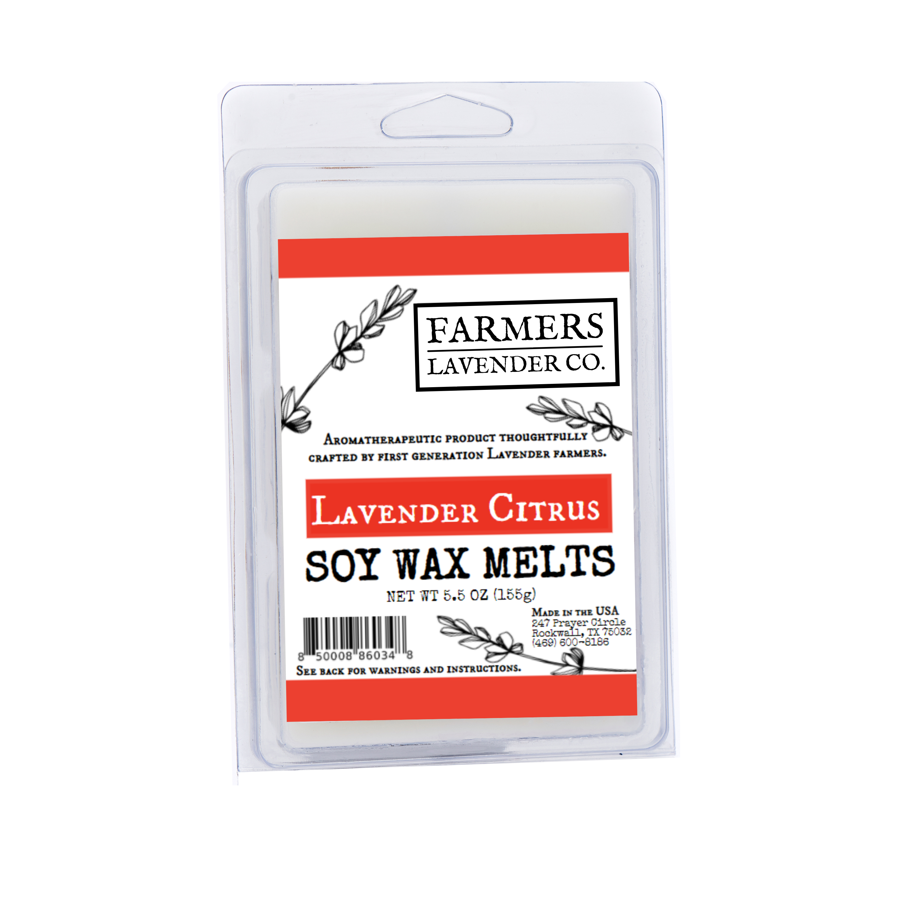 Lavender Citrus soy wax melts by FARMERS Lavender Co. in a clear container, showing purple and orange wax pieces with floral and citrus scents.