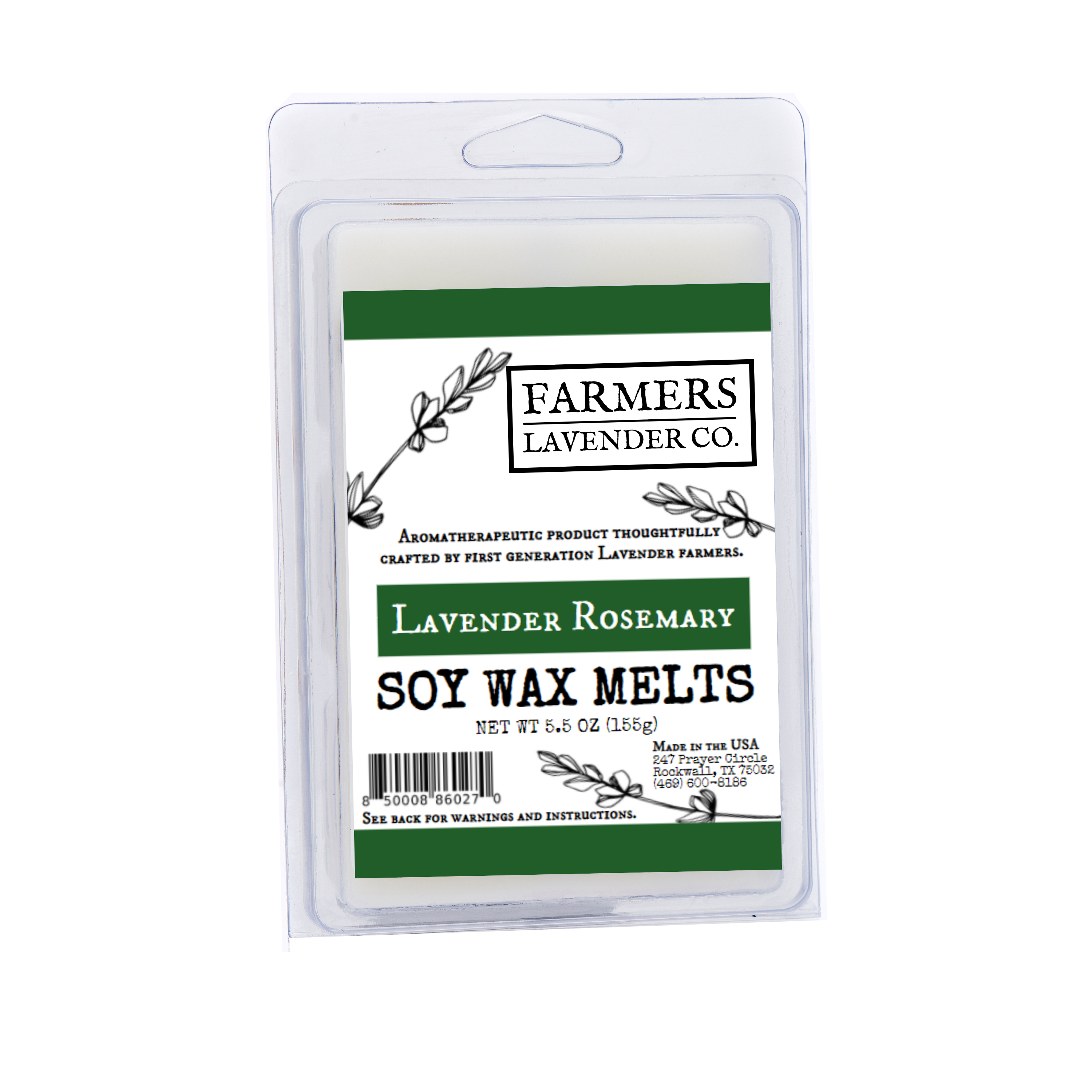 Lavender Rosemary soy wax melts by FARMERS Lavender Co. with purple lavender and green rosemary herbs in a clear dish.