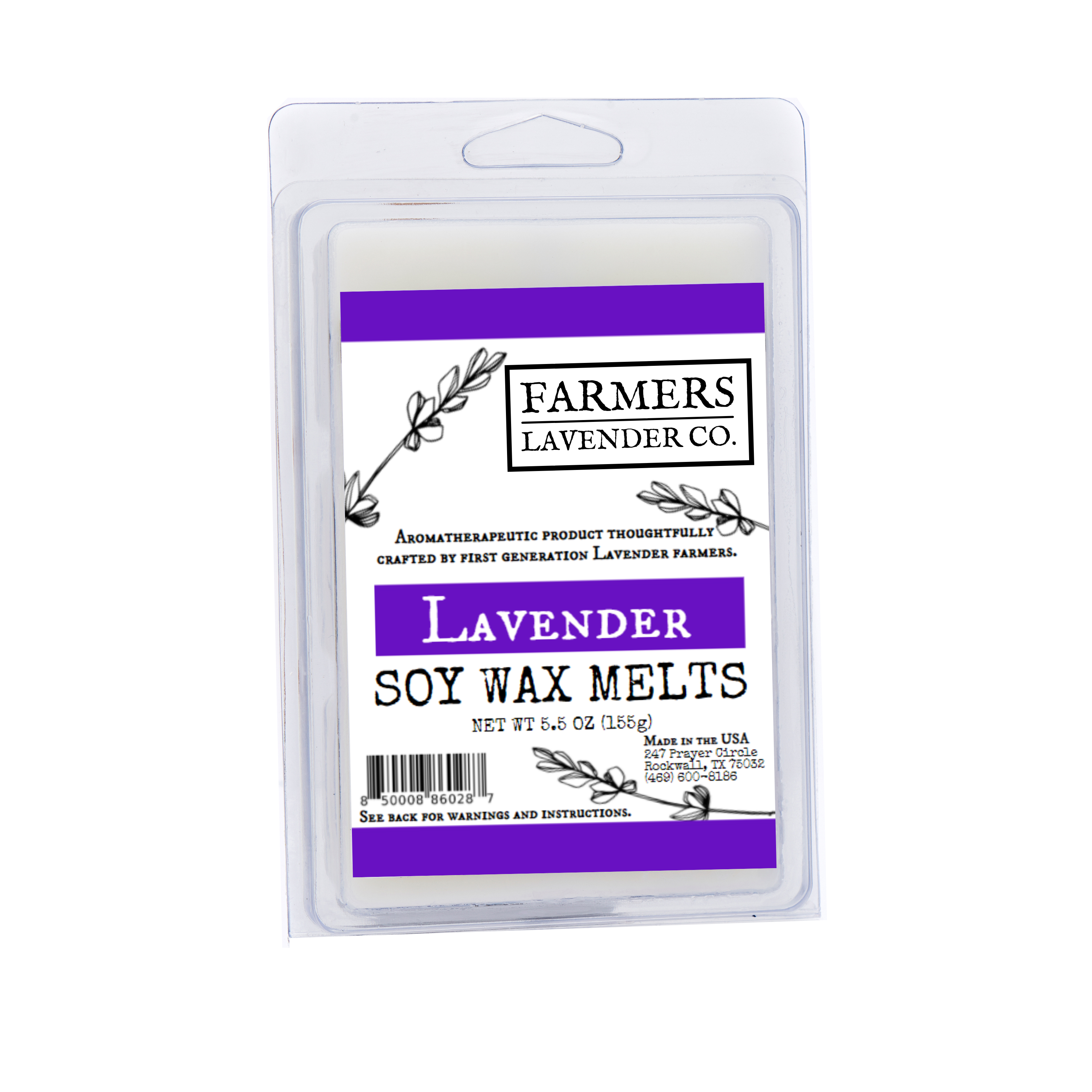 Lavender soy wax melts from FARMERS Lavender Co. arranged in a clear container, showcasing their soft lavender color and floral scent.