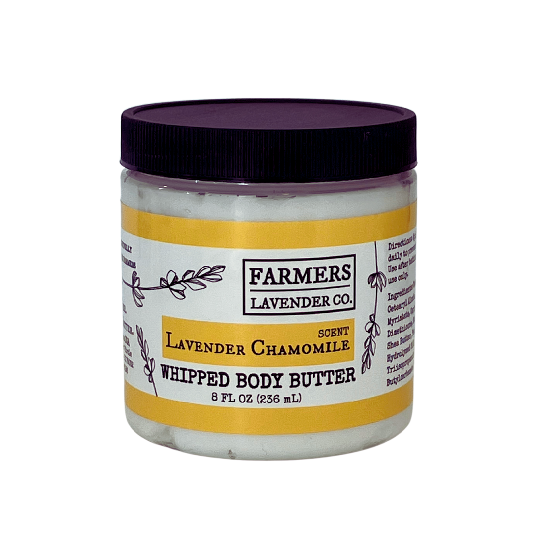 Creamy lavender chamomile whipped body butter by FARMERS Lavender Co. displayed in a jar with smooth, fluffy texture.