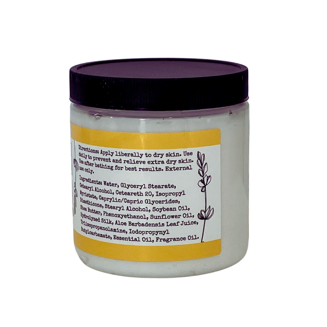 Lavender chamomile whipped body butter by FARMERS Lavender Co. in a creamy, fluffy texture with a soothing lavender scent.