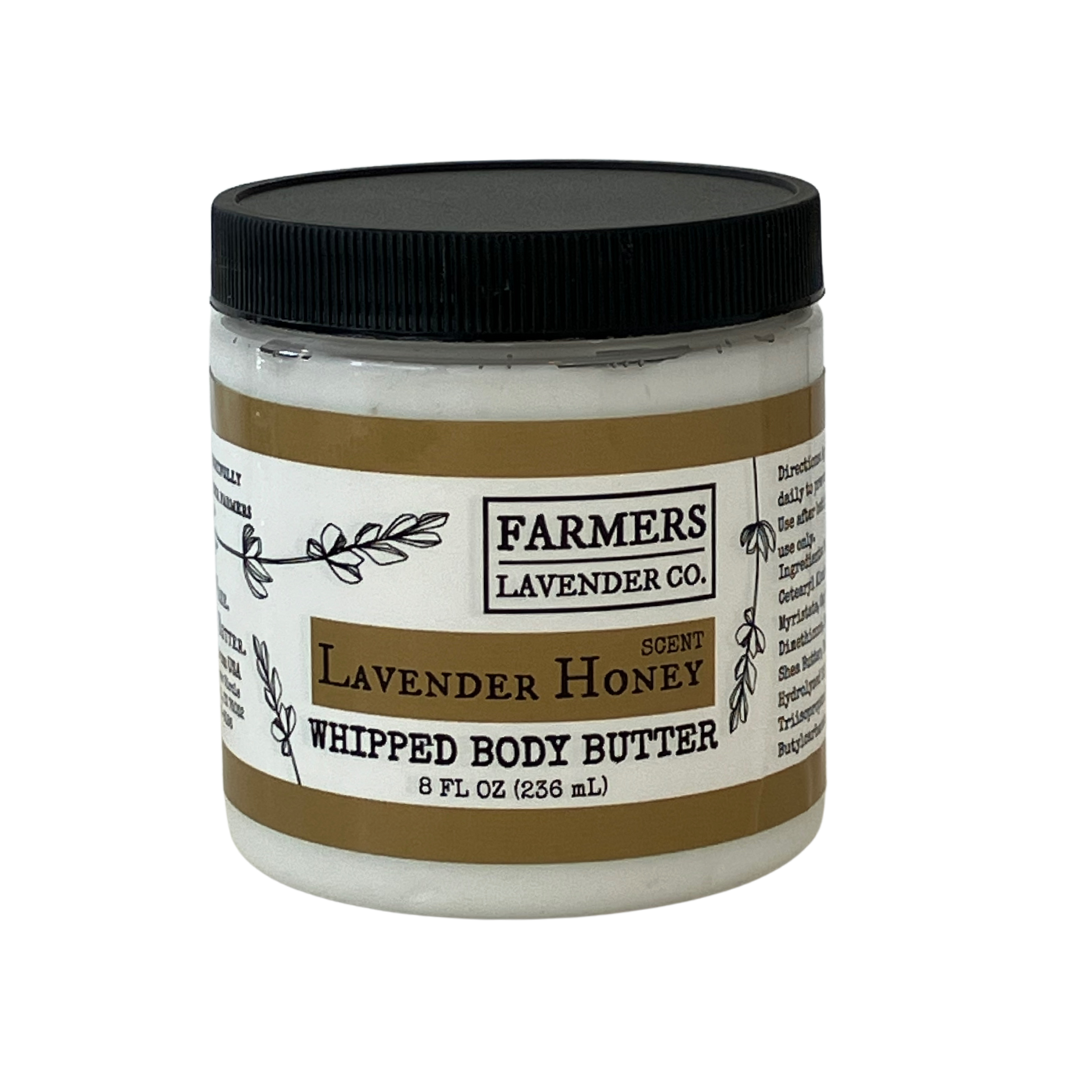 Lavender Honey Whipped Body Butter by FARMERS Lavender Co. in a creamy jar with lavender and honey accents.