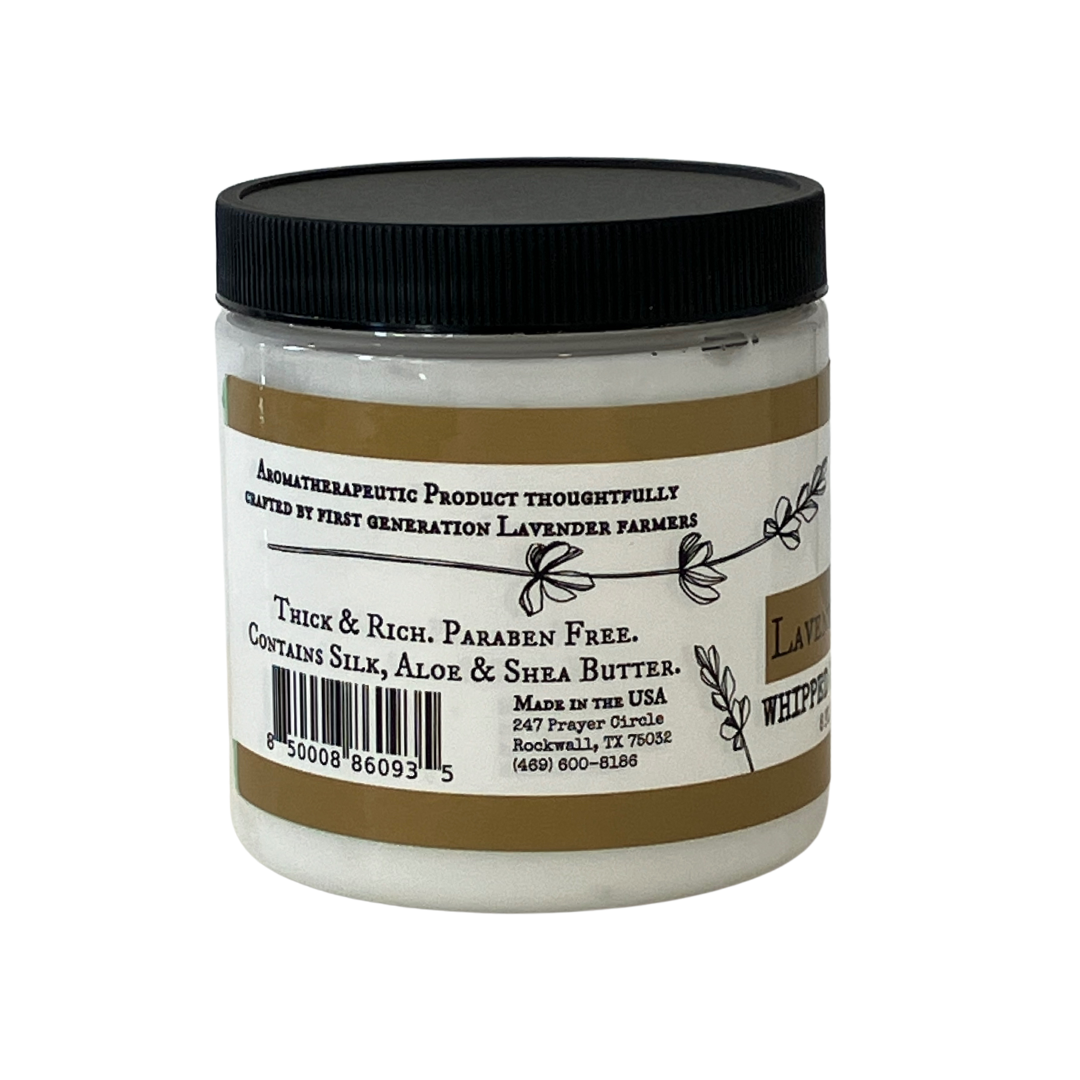 FARMERS Lavender Co. Lavender Honey Whipped Body Butter jar with lavender and honey ingredients on a soft background