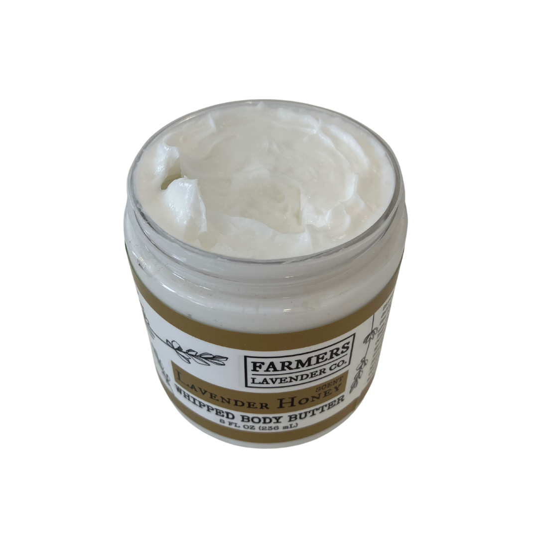 Lavender Honey Whipped Body Butter by FARMERS Lavender Co. in a jar, creamy and smooth with lavender and honey scent, rich and nourishing.